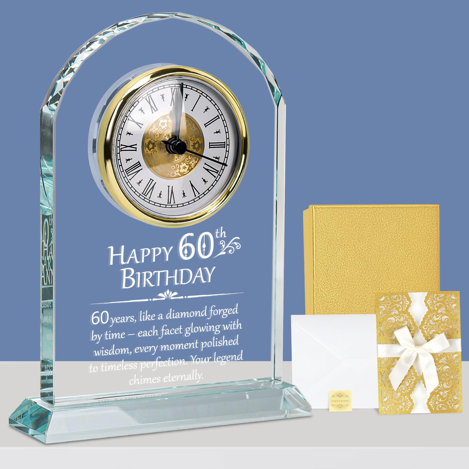 Top-spring 60th Birthday Gifts for Women, Men, Parents & Grandparents, Desk Quartz Clock With Card, Crystal Gifts & Ladies 60th Birthday Decorations (60th Birthday Gifts)