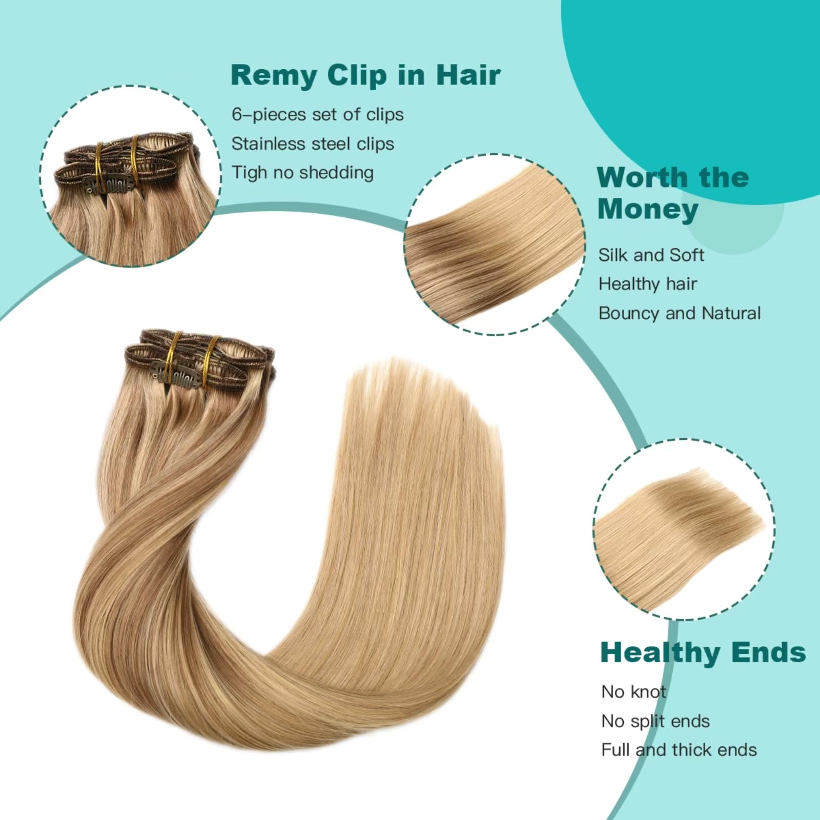 SURNEL Extensiones De Clip De Pelo Natural 100g 40cm 6 Piezas Balayage Marrón Claro a Rubio Caramelo Remy Humano Real(C#10/27/27-40cm)