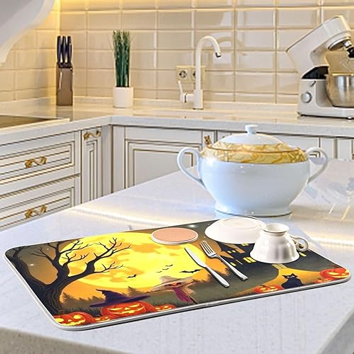 Miniatura 6 de Kcldeci Tapete de secado de platos Happy Halloween de 16 x 18 pulgadas, castillo espantapájaros, calabazas, otoño, almohadilla de secado de platos,