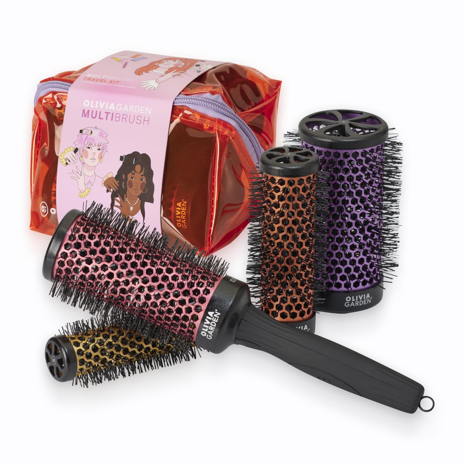 Olivia Garden Multibrush Kit de viaje – Juego de cepillos redondos 4 en 1 con barriles intercambiables – Tamaños 25, 35, 45, 55 – Perfecto para grandes golpes y estilo sobre la marcha