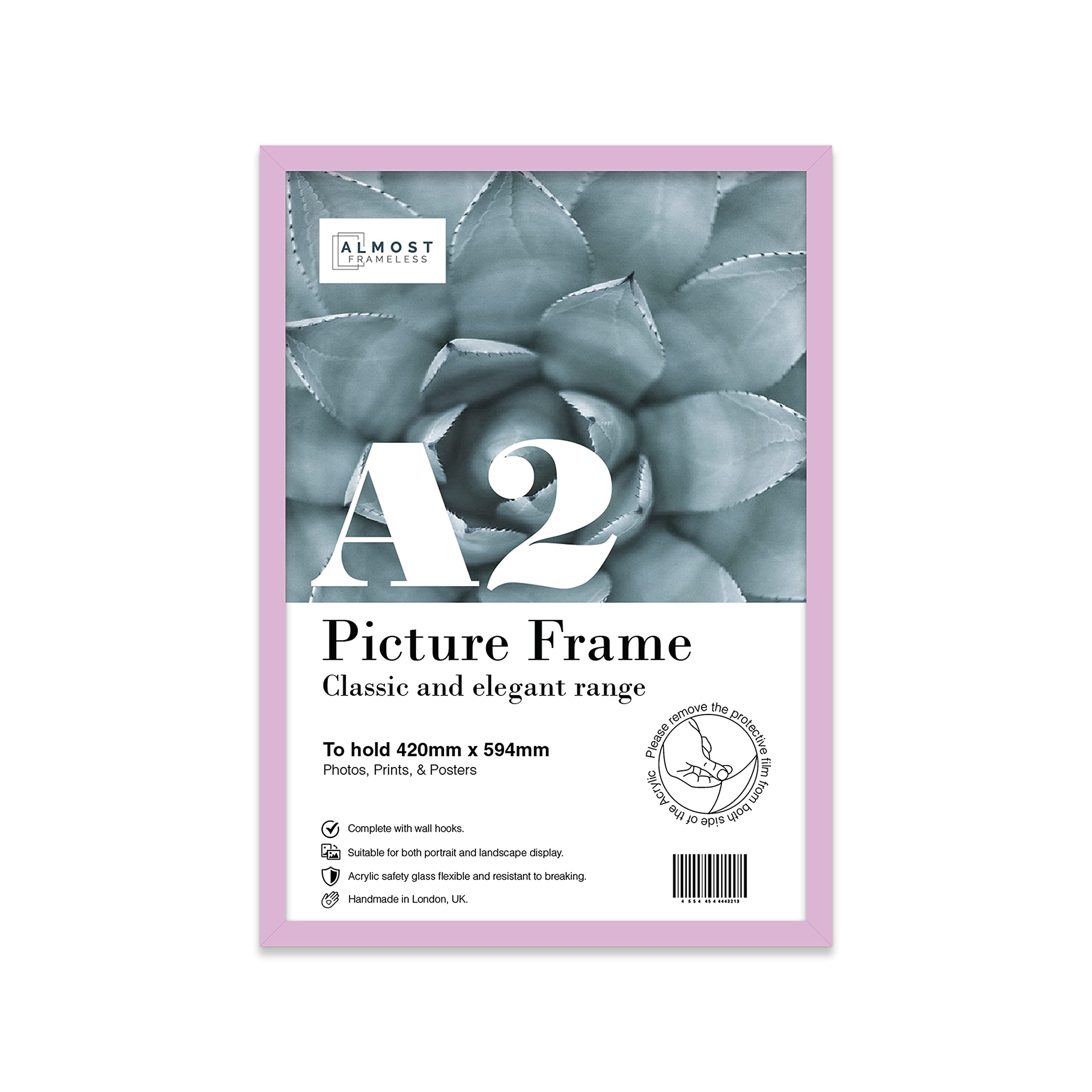 Almost Frameless Lilac Picture Frame A2 Fits A2 (42 X 59.4Cm - 16.5 X 23.4In) Poster, Photo, Or Print. Portrait And Horizontal Wall Hooks