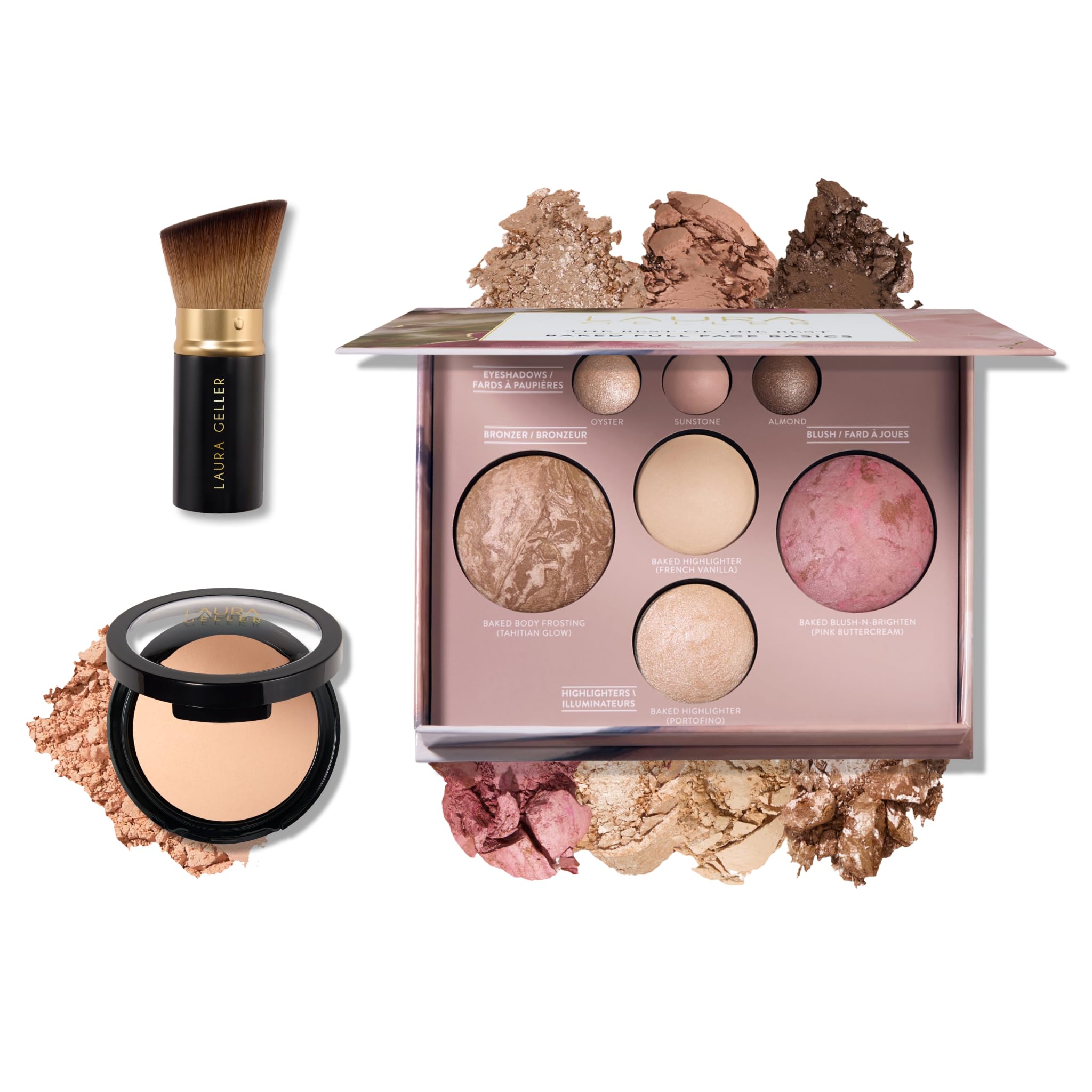 LAURA GELLER Baked Starter Kit: Double Take Foundation, Porcelain + Best of the Best Palette + Retractable Angle Kabuki Brush 01 Porcelain