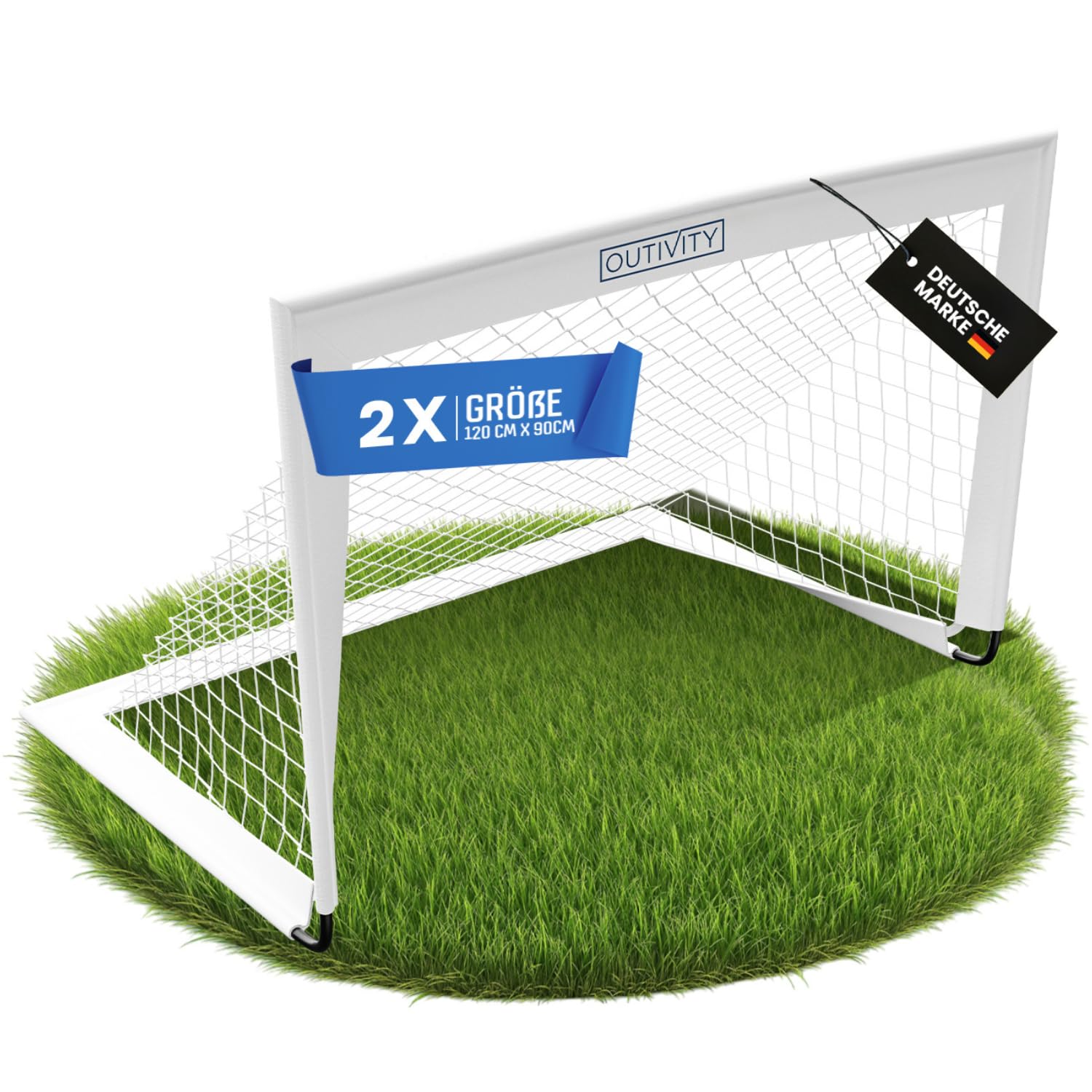 Fußballtor für Kinder 2er Set weiß, ohne Stolperfalle, je 120x90cm, inkl. 8+2 Heringen und Tragetasche, pop-up Fussballtore für Garten Kinder