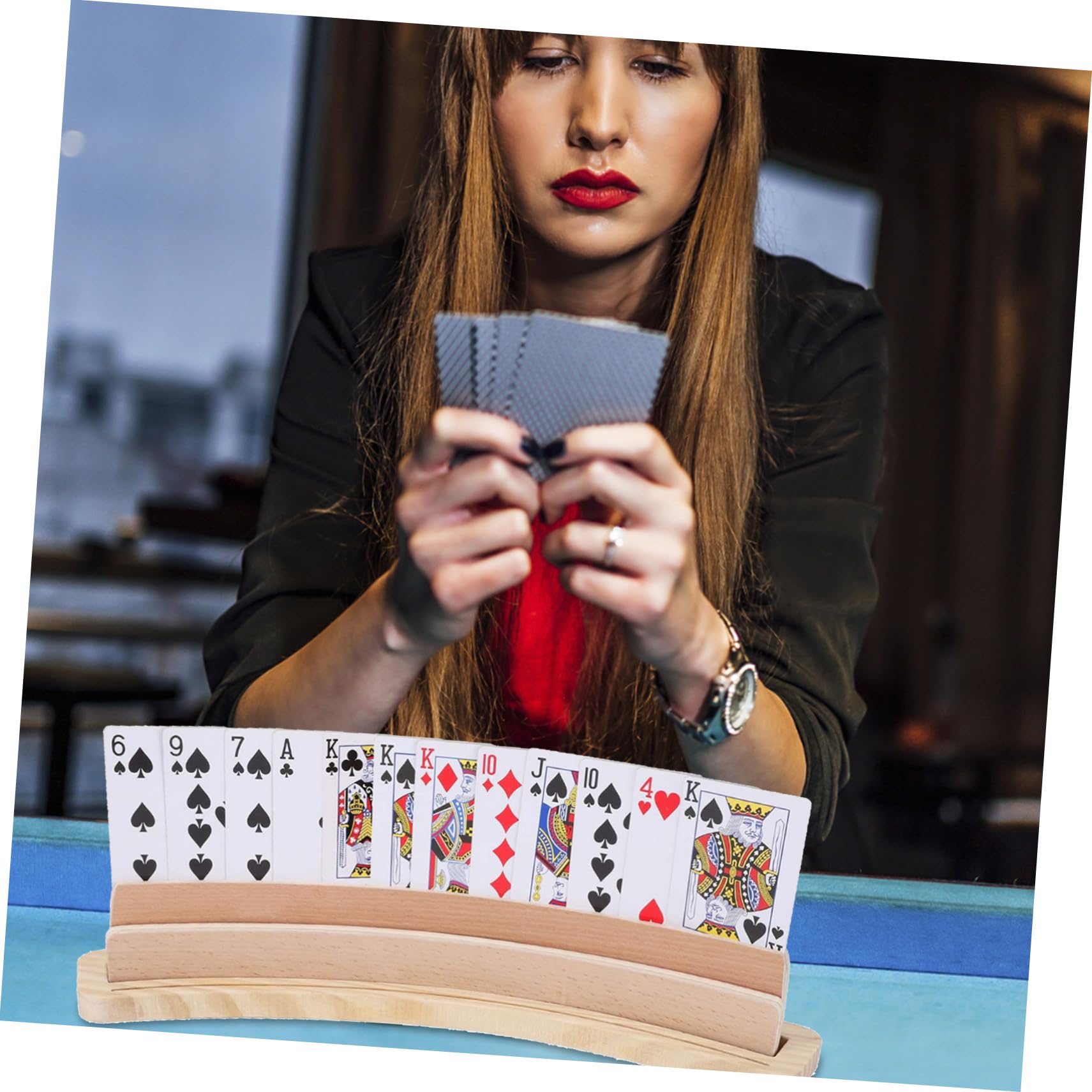 Porta carte da gioco – 35 – 5 cm in legno curvo riutilizzabile gioco da poker accessorio ideale per adulti e anziani Set con porta carte Romme libere