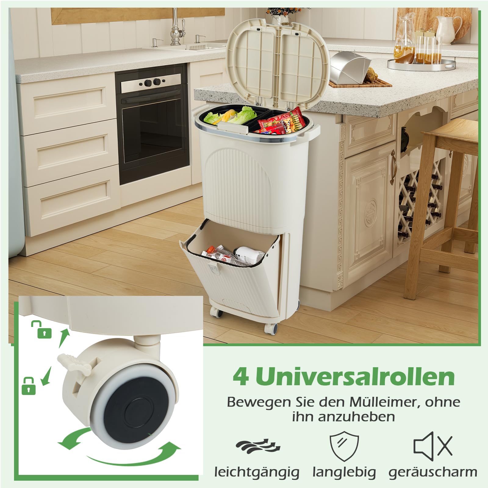 COSTWAY Mülleimer Küche, Mülltrennsystem 3 Fächer, 2 x 12L Inneneimer & 14L Treteimer, Abfalleimer mit Rollen, Doppeldeckel, Pedal & Haken, Tretmülleimer Abfallsammler für Küche, Bad, Büro (Beige)