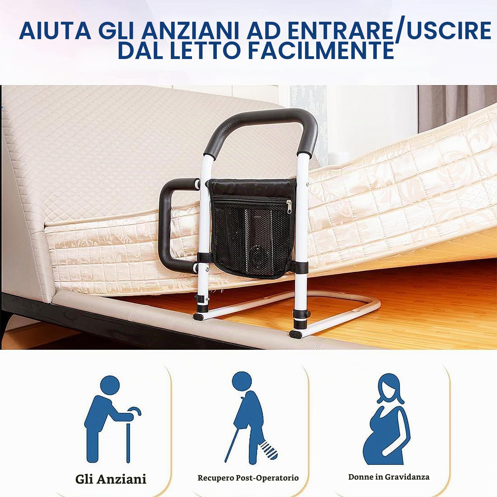 Sponda Letto Anziani, Sbarra Letto Anziani con Cinghia di Sicurezza e Borsa di Stoccaggio, per Adatta a tutti i tipi di letti