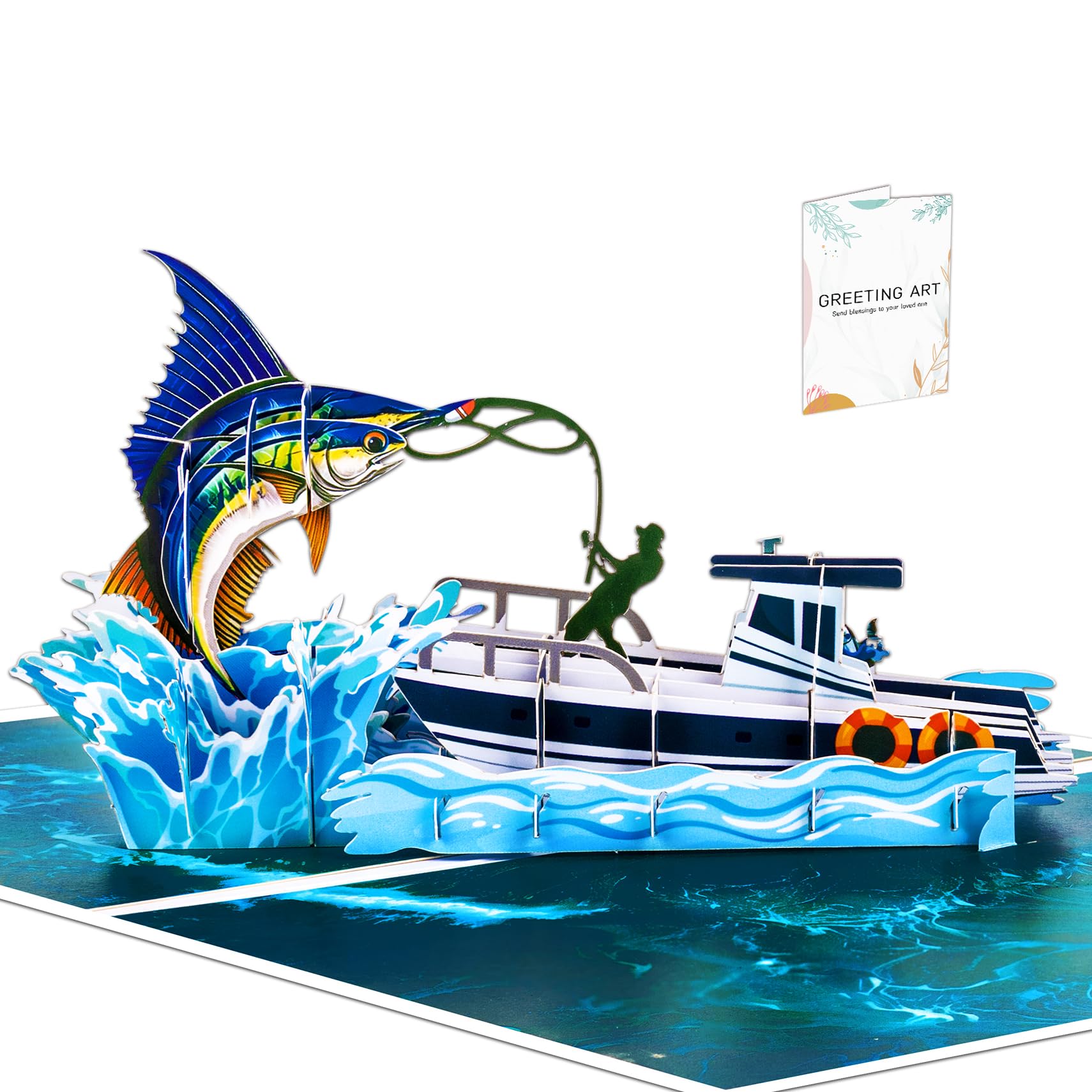 GREETING ART Fishing Pop Up Birthday Card, 3D Swordfish Fishing Fathers Day Card for Dad, Husband,Men, Son, Grandpa, Fisherman Gift for Anniversary, Retirement, Thank You