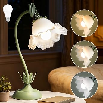 Flower Table Lamp, LED Reading Light Bedside Vintage Flower Lamp, 3 Color Modes Kawaii Bedside Lamps, Nightstand Table Lamps for Living Room Office Bedroom Lighting Home Decor Green Lamp