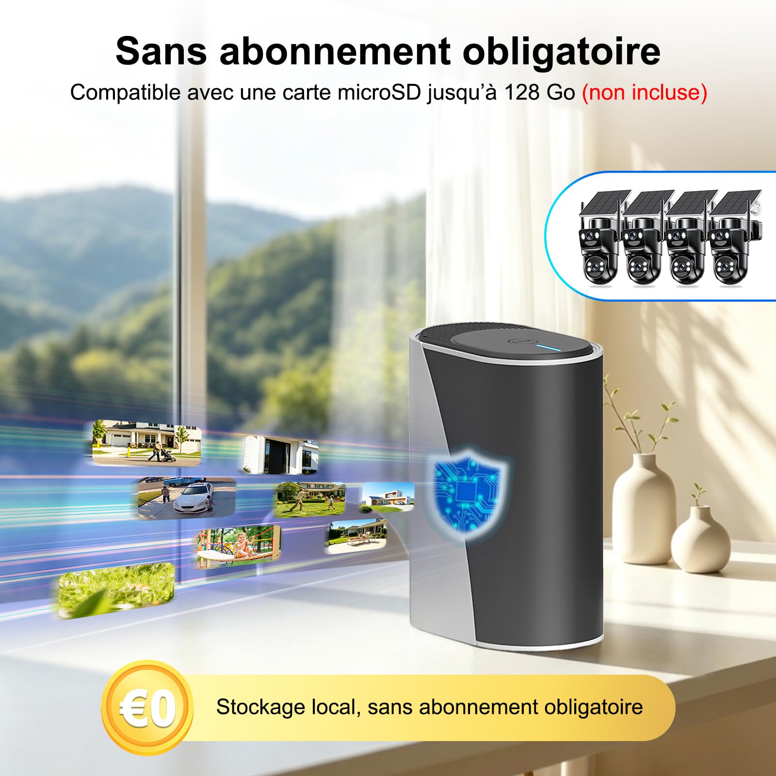4K Camera Surveillance WiFi Exterieure sans Fil,Kit de 4 Caméras Extérieur Solaires avec Home Station,sans Abonnement,360° PTZ,Suivi Automatique,Vision Nocturne,2,4/5 GHz,IP66