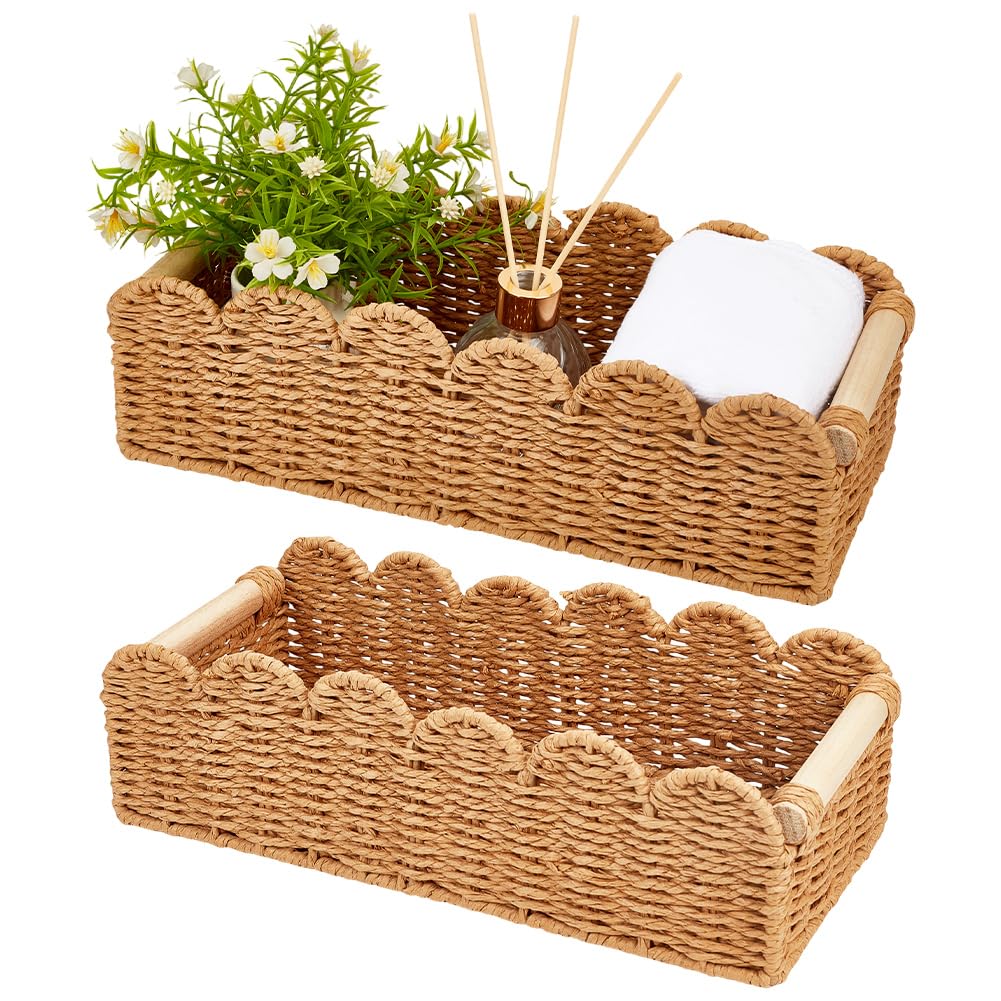 2 cestas de ratán para cuarto de baño, cestas de almacenamiento, cestas largas y estrechas, cestas de almacenamiento, caja de inodoro, cesta de mimbre con borde arqueado, recipiente pequeño