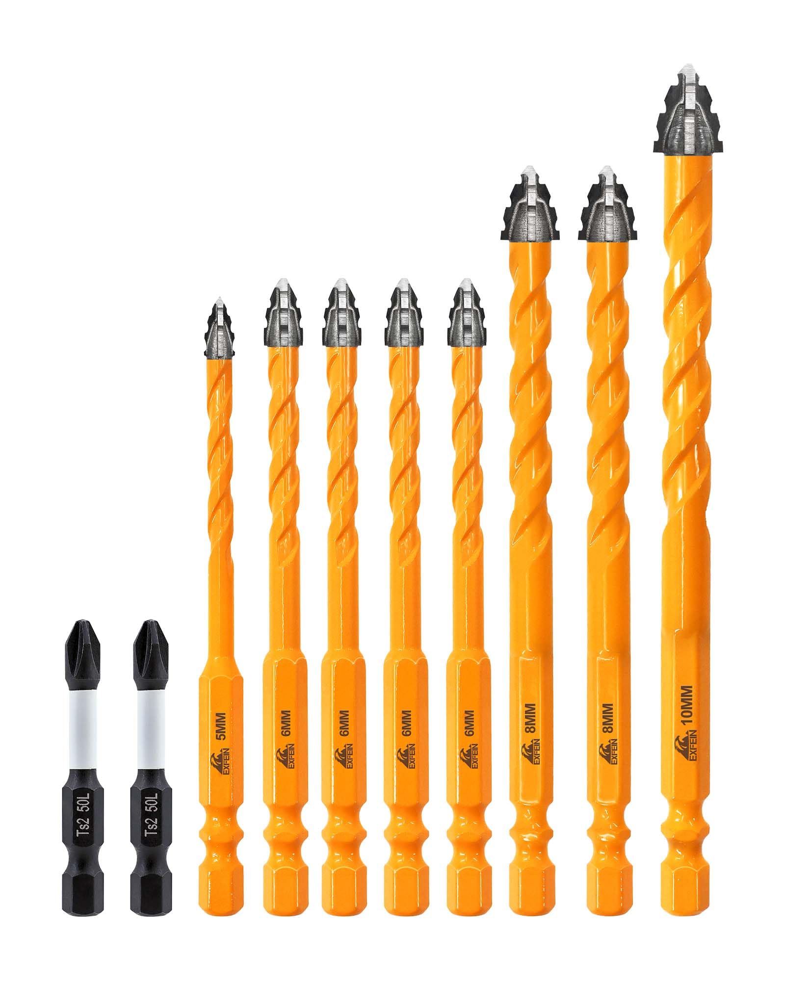 Upgraded Masonry Drill Bits Set 5+6x4+8x2+10mm, EXFEIN Serrated Drill Bits Set - 8-Piece Carbide Drill Bits and 2-Piece Magnetic Screwdriver Bits for Wood Plastic Tile Concrete Brick Marble