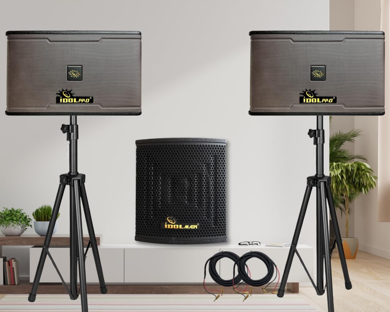 IDOLpro IPS-700 10" 3 Way 1200W Professional High Fidelity Vocal Karaoke Speakers with 1200W Super Bass Subwoofer and Stands Combo
