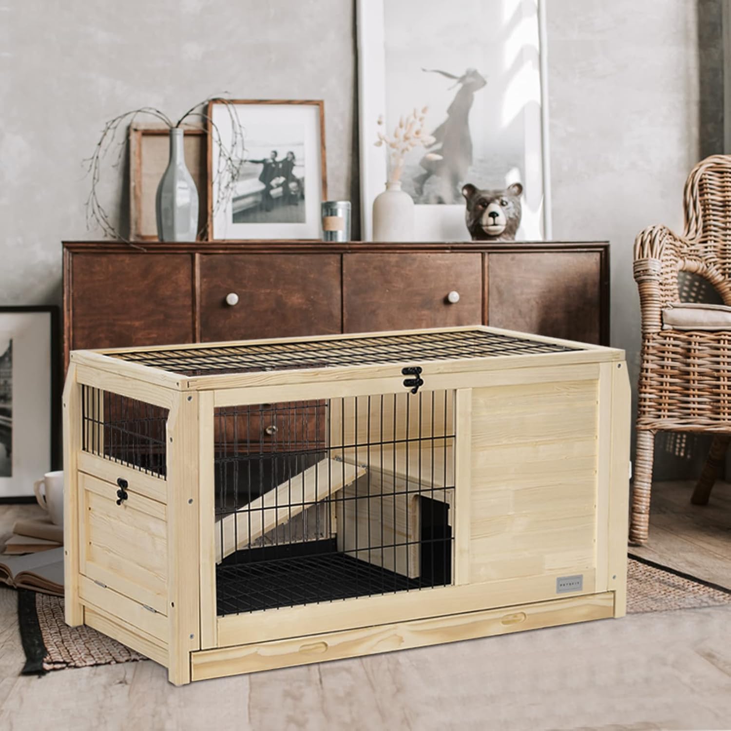 Wooden Rabbit Hutch Guinea Pig House Hamster Cage Indoor/Outdoor with Hideout, Ramp and Removable Tray
