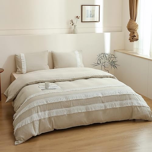 Miniatura 8 de Simple&Opulence Juego de funda de edredón de lino bohemio con flecos de borlas, juego de edredón de mezcla de algodón de lino de macramé de 3