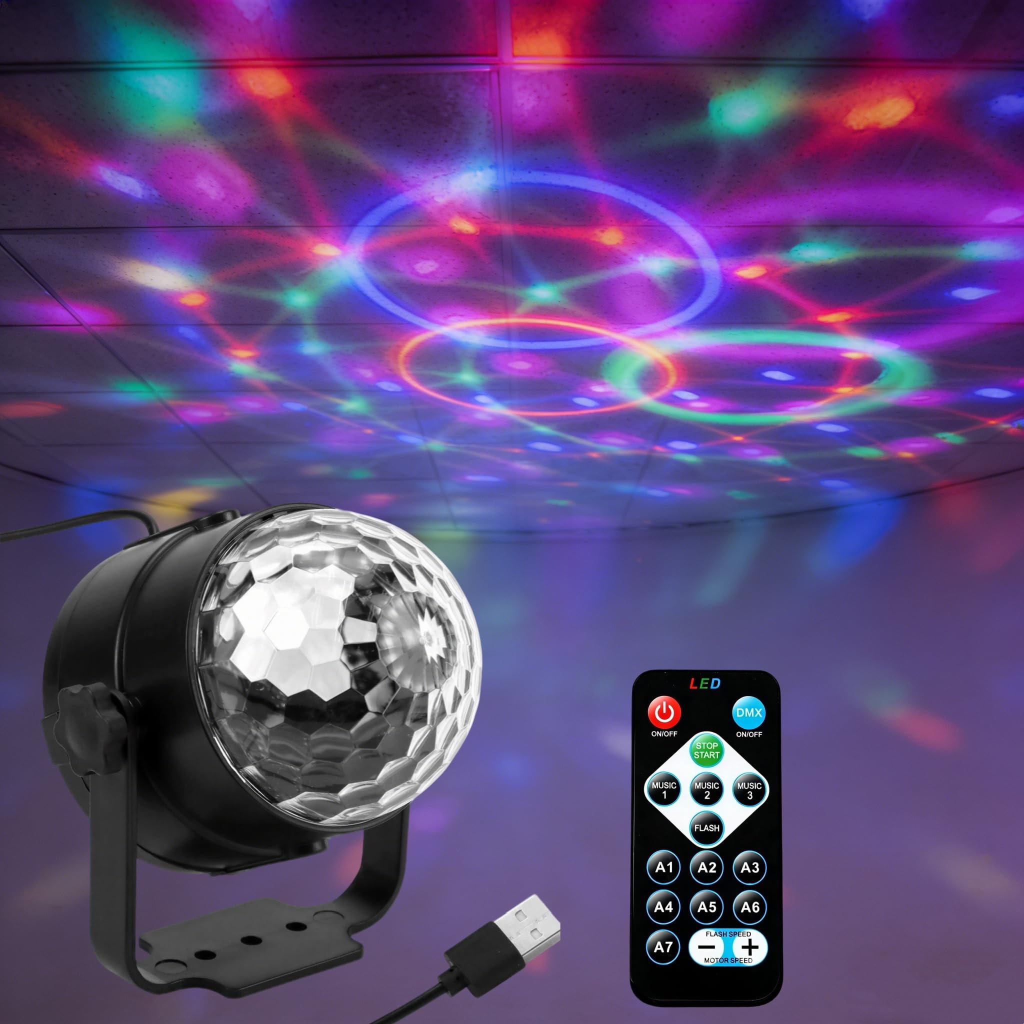 Discolicht Partylicht Disco Licht 360° Rotierende Dj Licht mit Fernbedienung 7 Farben RGB Disco Light USB Discokugel Licht Party Lichter Diskolicht für Weihnachten Party Bar Hochzeit Musikinstrumente & DJ-Equipment
