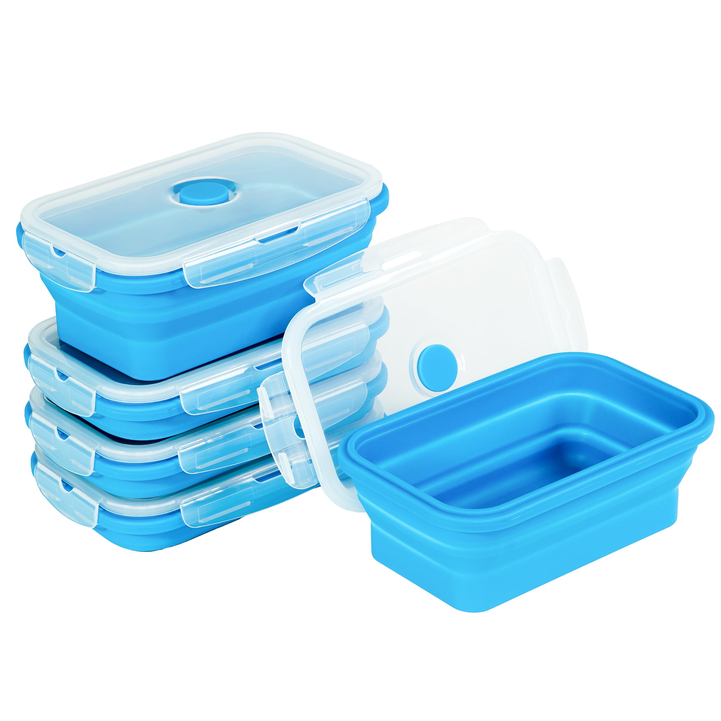 Set mit 4 faltbaren Silikon-Frischhaltedosen, Küchenreste, Brotdose und Obstbox, faltbares Design, platzsparend, BPA-frei, mikrowellen-, spülmaschinen- und kühlschrankgeeignet, Blau, 1,2 l