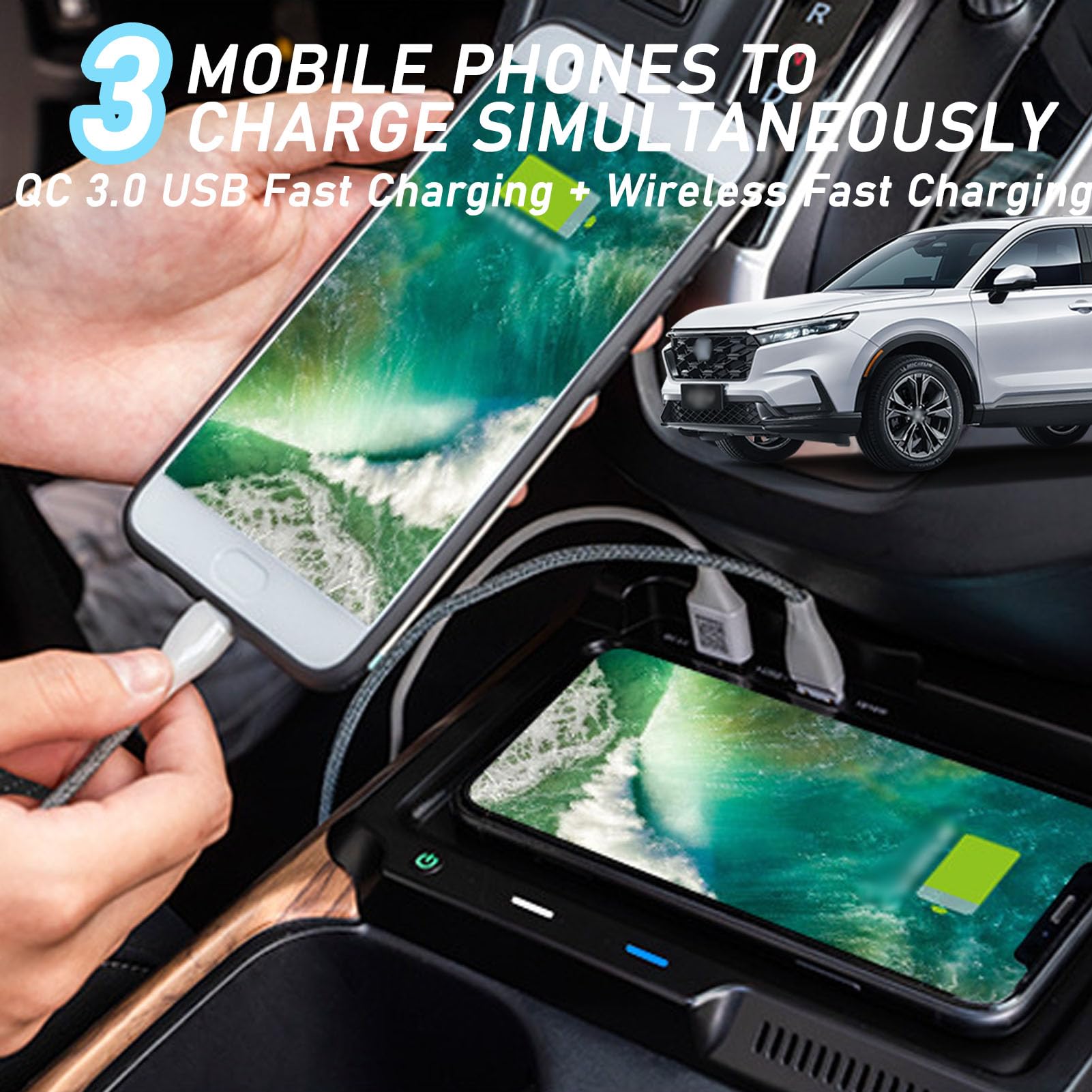 CenNa Caricabatteria per Auto Wireless per Hon-da CR-v (2017 2018 2019) Accessorio per Tutti I Modelli con Wireless da 15 W E Doppia USB Qc3.0 Regalo di Ricarica Rapida per La Famiglia