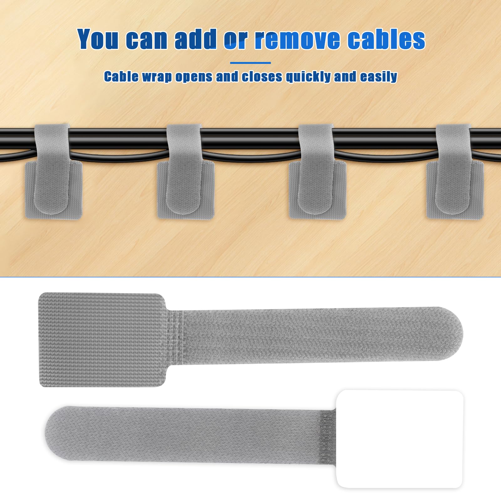 Klett-Kabelbinder, selbstklebend, wiederverwendbar, Polyester-Kabelhalter, Mehrzweck-Kabelclip für Reisen, Büro, Zuhause, Grau, 100 Stück