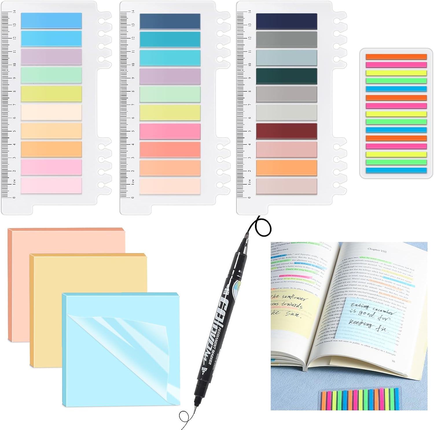 Kit de anotación de libros, 1050 pestañas de libro con rotulador, notas adhesivas transparentes, pestañas adhesivas, marcadores de libros, pestañas