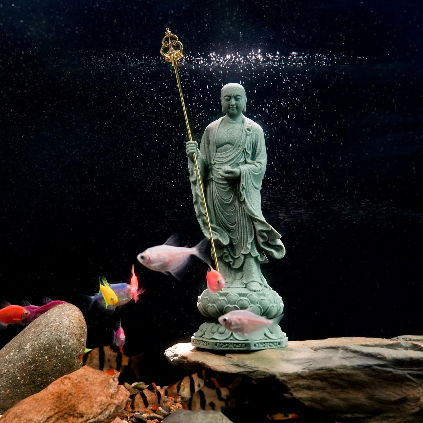 Zen Aquarium Buddha Statue with Gold Color Staff Sandstone Buddha Figurine for Fish Tank Home Decor (A)
