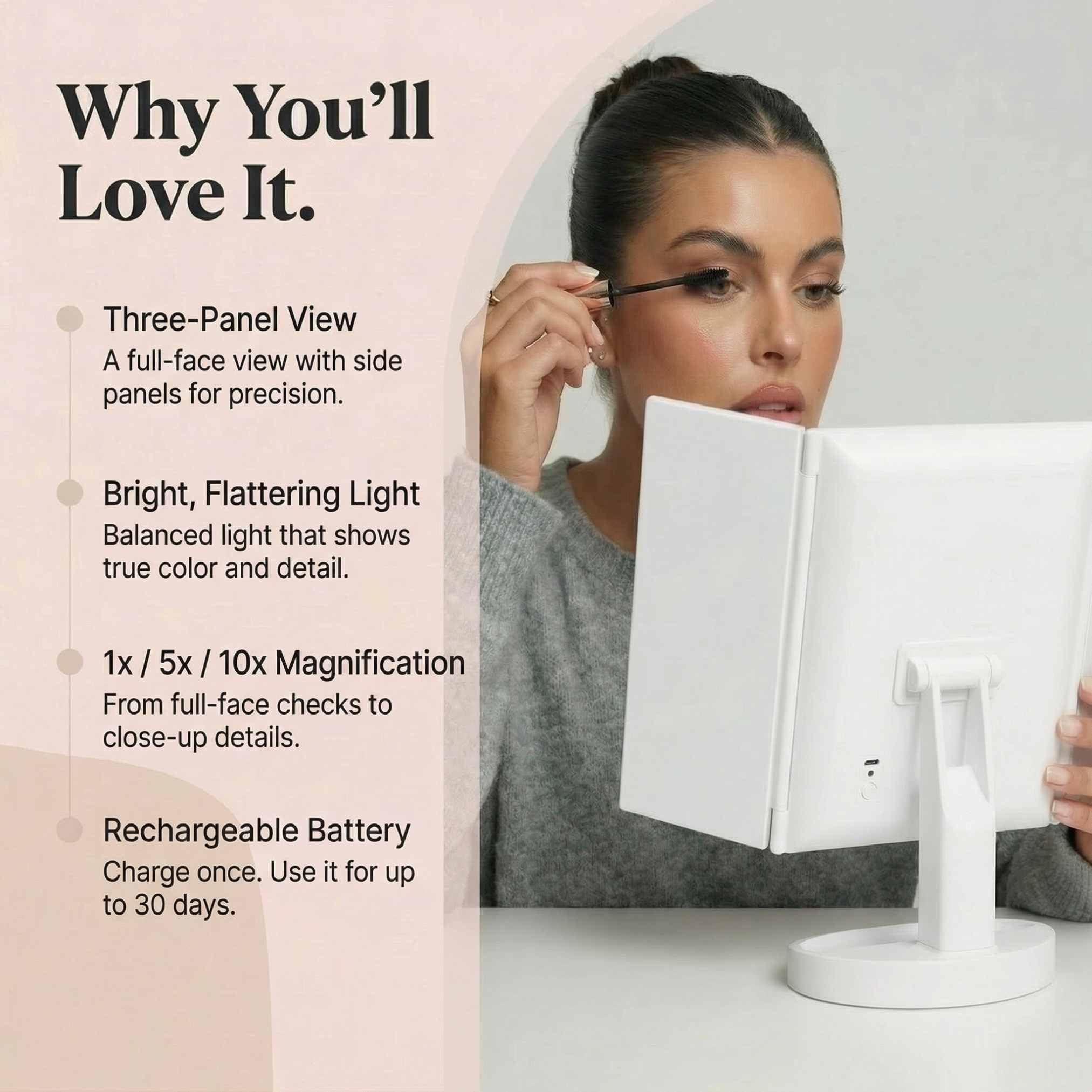 Fancii Miroir Maquillage Lumineux LED Rechargeable avec Grossissant 10x /5X et 3 Réglages D’éclairage - Miroirs de Table - 60 Lumières Naturelles, Écran Tactile, Support Cosmétique, Tria 2