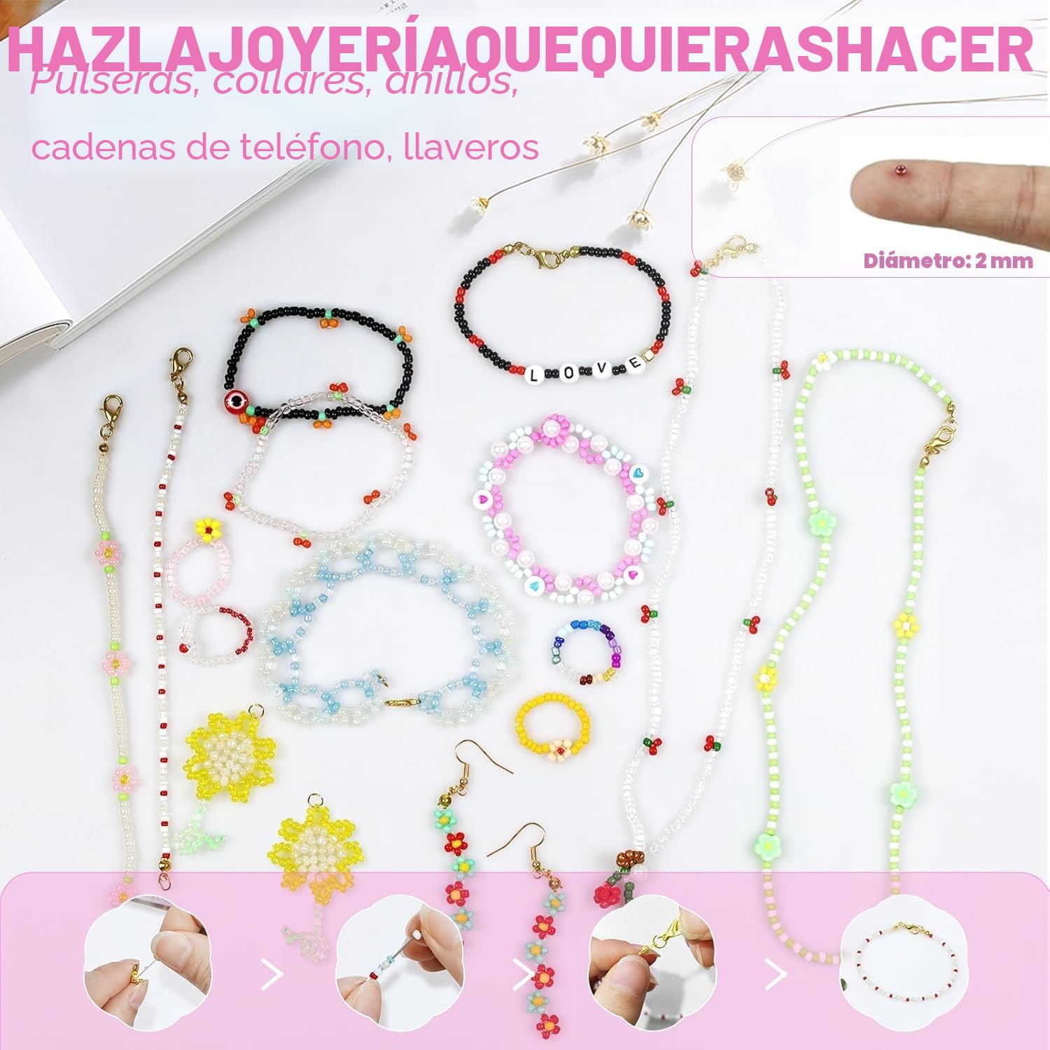 52000PCS Abalorios para Hacer Pulseras de 2 mm, 96 Colores, Ideal para Chicas DIY Pulseras, Collares y Otras Joyas. Viene con Pinzas, Tijeras, así como 2 rollos de Hilo Transparente de 0.5mm.