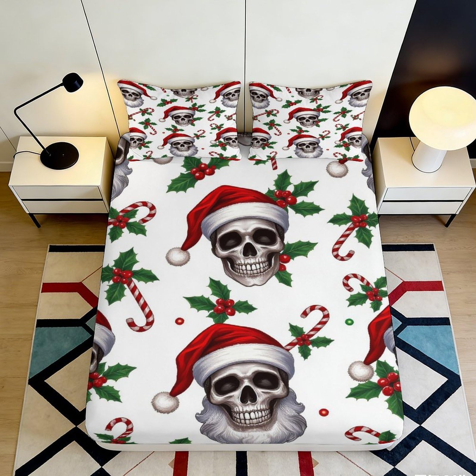 3D Printed Christmas Skull Fitted Sheet Microfiber Soft Red Santa Hat Holly Bed Cover for Bedroom Dorm Mattress Decor 200x200x25cm