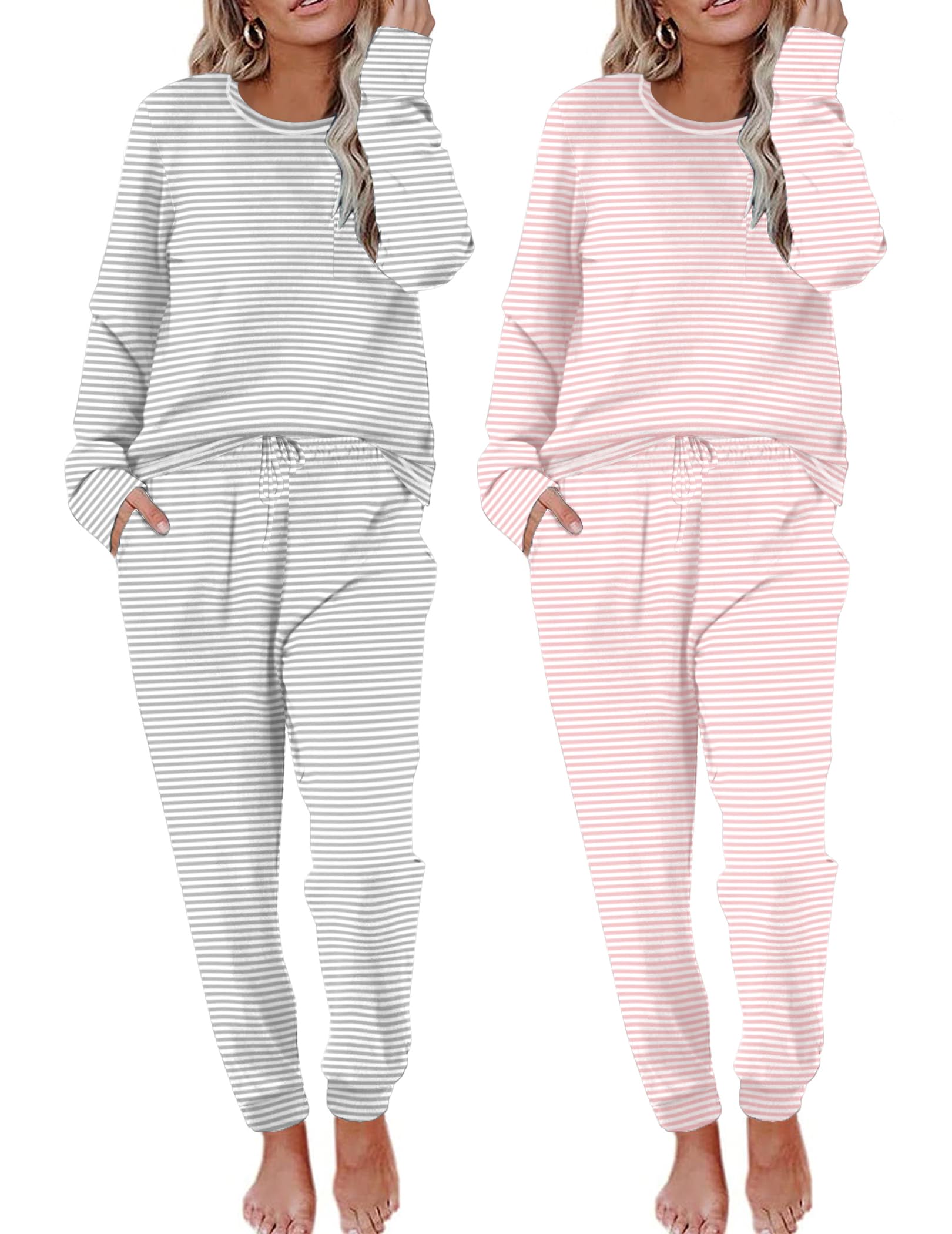 Ekouaer 2 Pack Womens Pajama Sets Long Sleeve Lounge Sets Soft Pj Loungewear Sleepwear