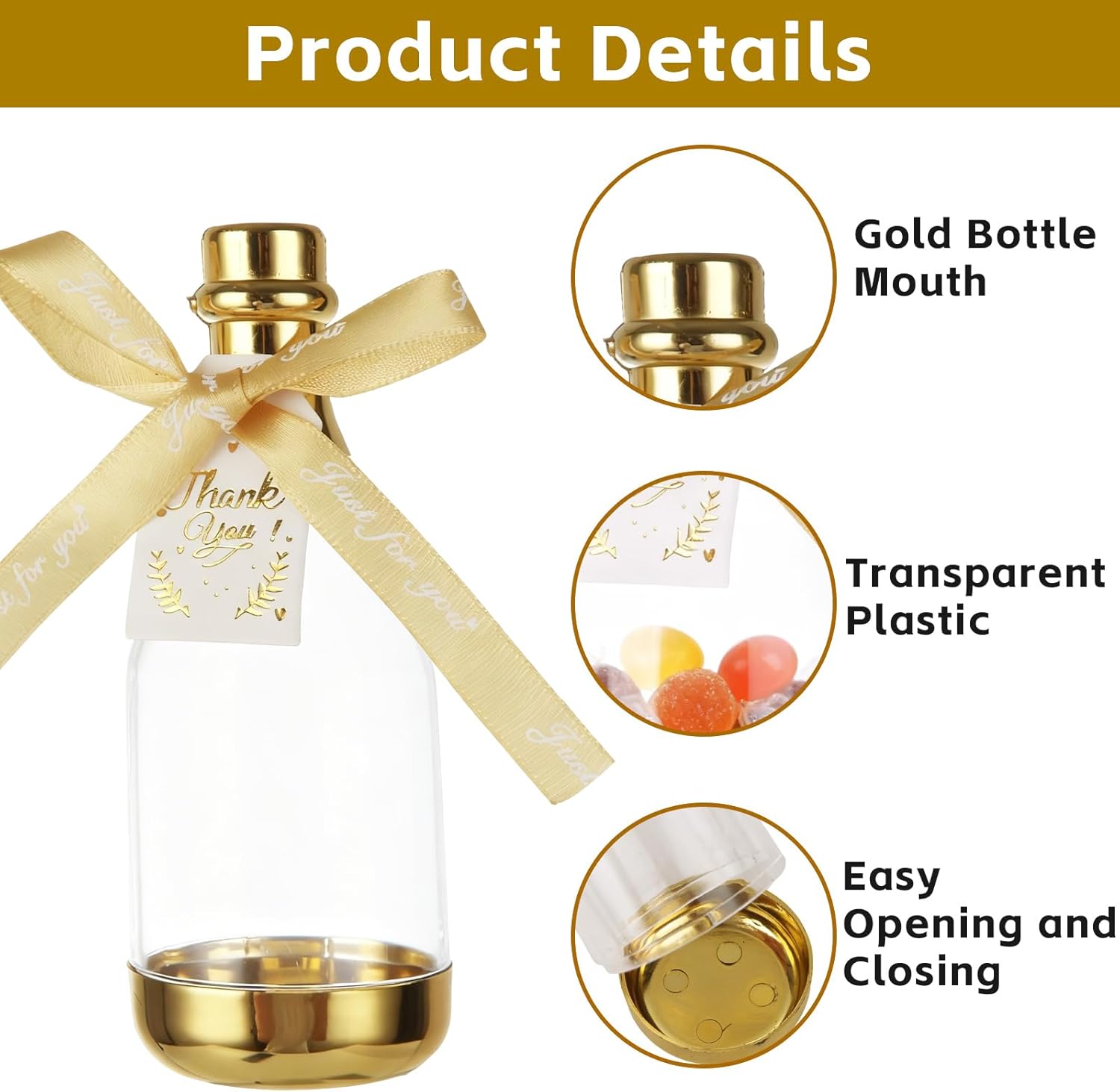 36PCS Mini Champagne Bottle Candy Container Shaped Jars Gold Plastic DIY Favor Candy Bottle Wedding Party Favor Containers, Comes with Card and Bow Ribbon