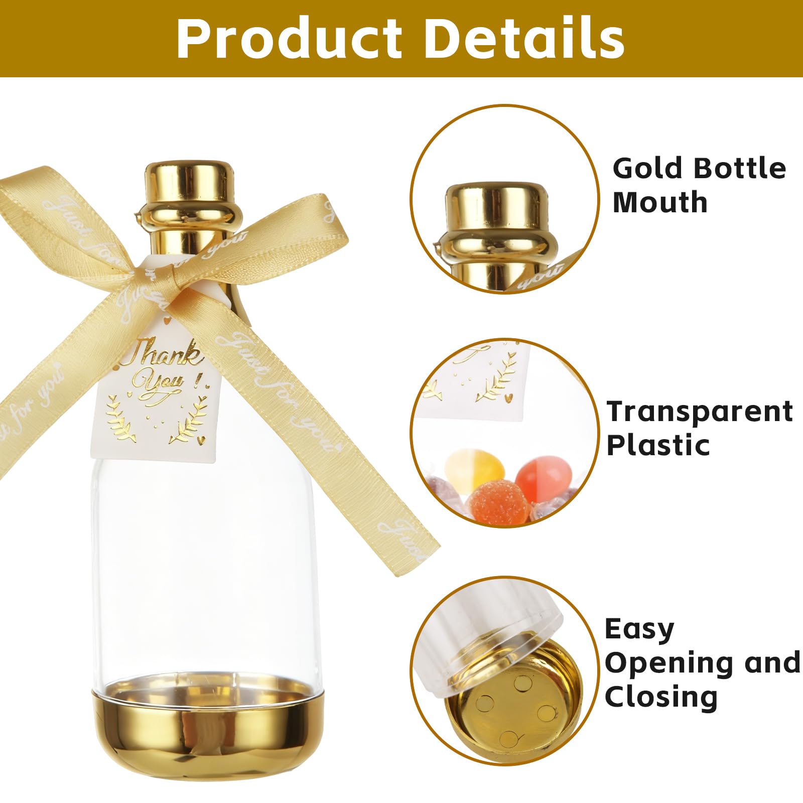 36 mini bottiglie di champagne a forma di barattolo in plastica dorata, per bomboniere fai da te, bomboniere, matrimoni, feste, con biglietto e fiocco