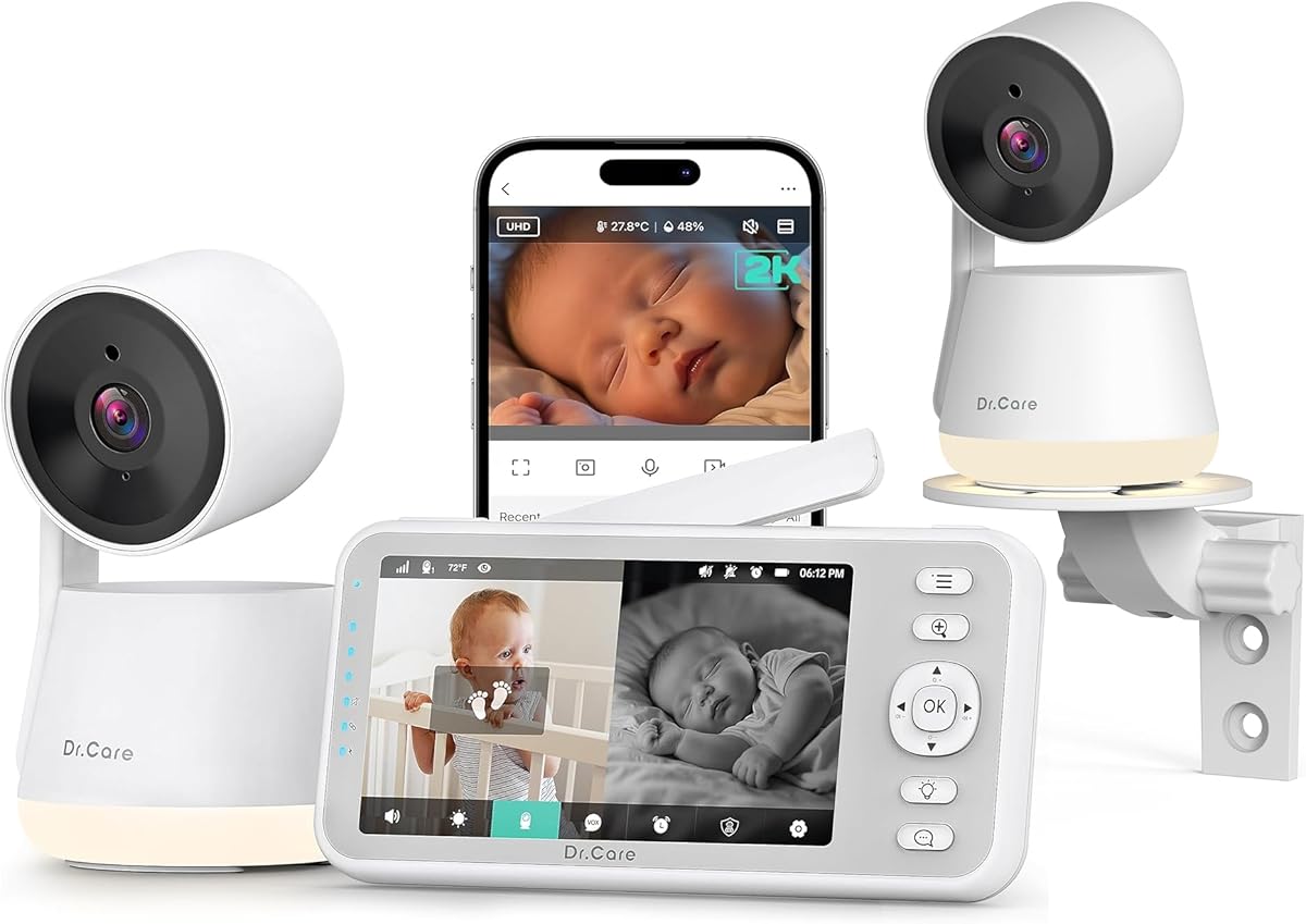 Dr.Care LumiView Smart WiFi Baby Monitor with 2 Cameras - 5" 1080P FHD & 2K Camera App Control, Privacy Mode, 5000mAh Removable Battery, Cry & Motion Alerts, HD Night Vision, Multi-User,1279ft Rang
