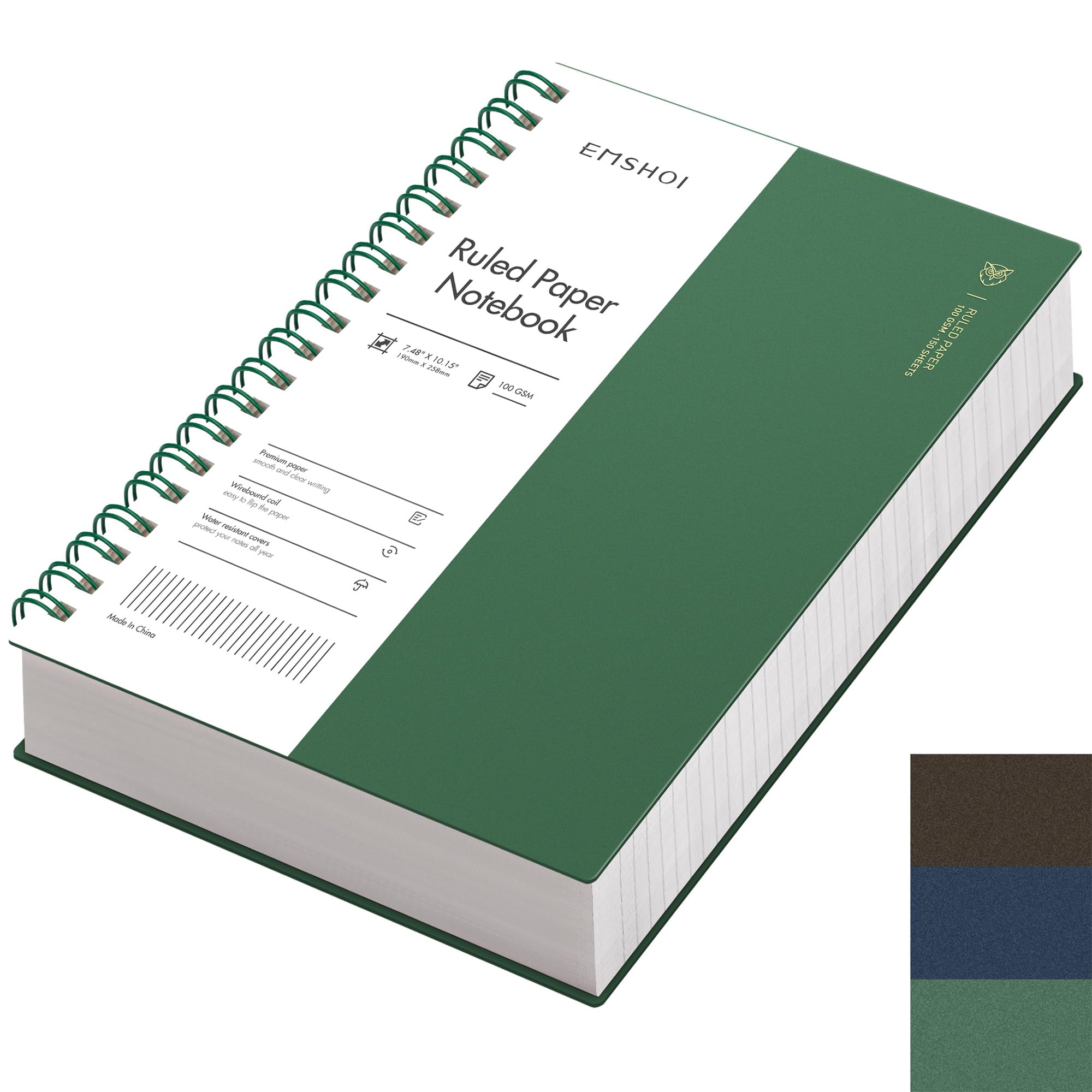 EMSHOI B5 Spiral Notebook College Ruled Lined Journal, Large 7.48" X 10.15", 300 Pages/150 Sheets, 100gsm Thick Paper, Waterproof Hardcover, for Office School Women Men Work Writing Notes, Green