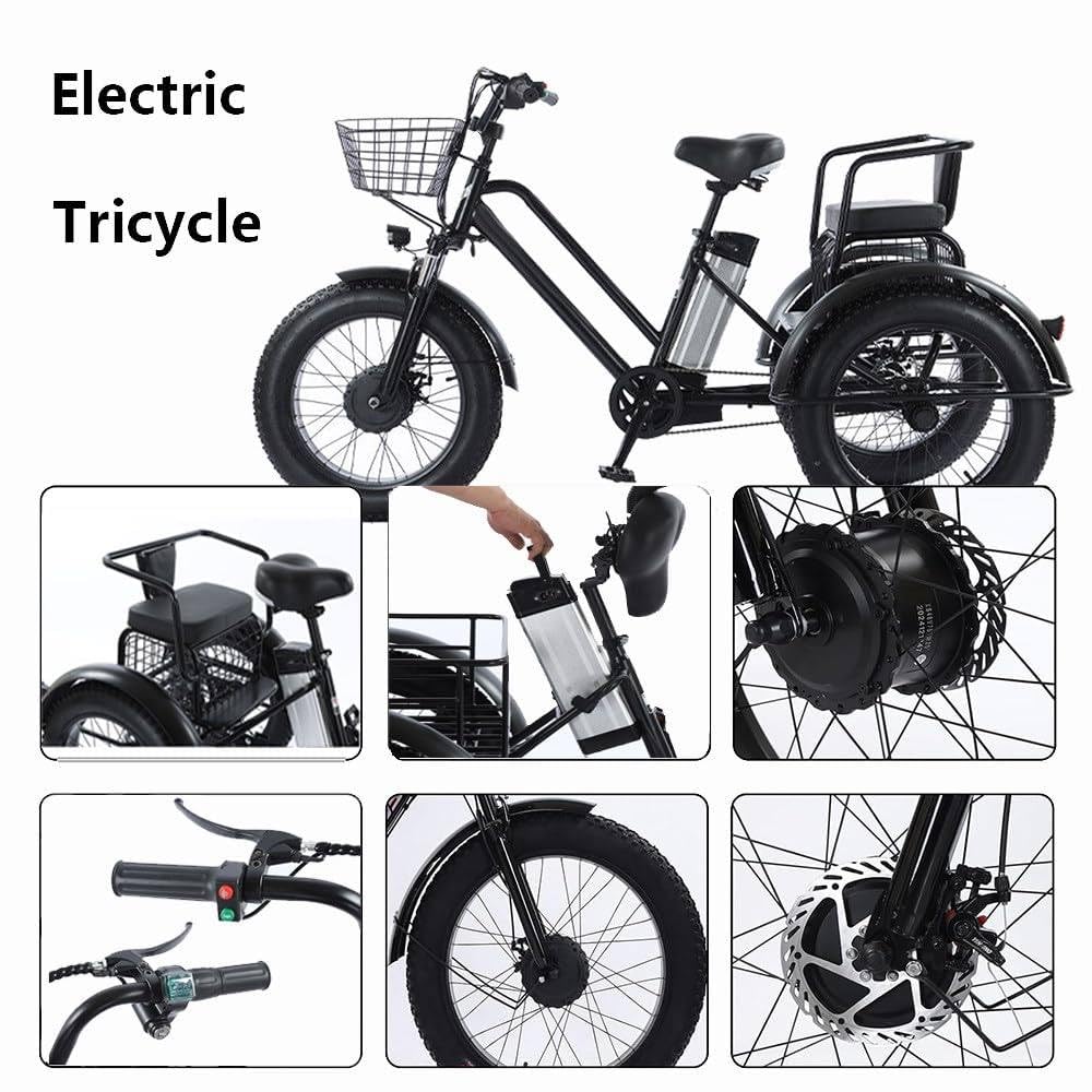 Triciclo Eléctrico para Adultos,con Neumáticos Anchos Todoterreno 20" X 4.0,Cesta De La Compra Y Asiento Trasero,Batería Extraíble 48v/12ah,Carga 200Kg,Ideal para IR Compras