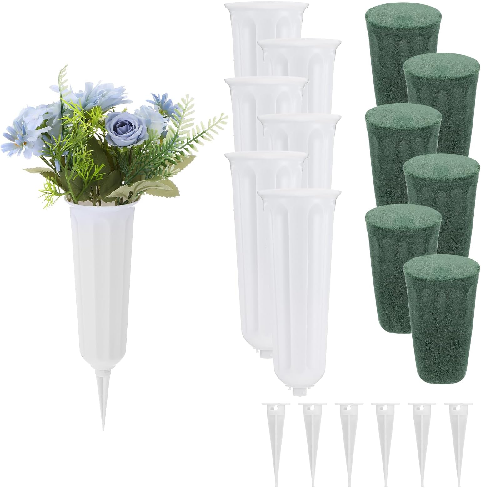 6 Sets Cemetery Vases for Grave with Fixing Foam, Durable Plastic Grave Vases with Spikes, Flower Holder for Cemetery Headstones, Outdoor Graves Decorations for Memorial Gifts for Loss of Loved One