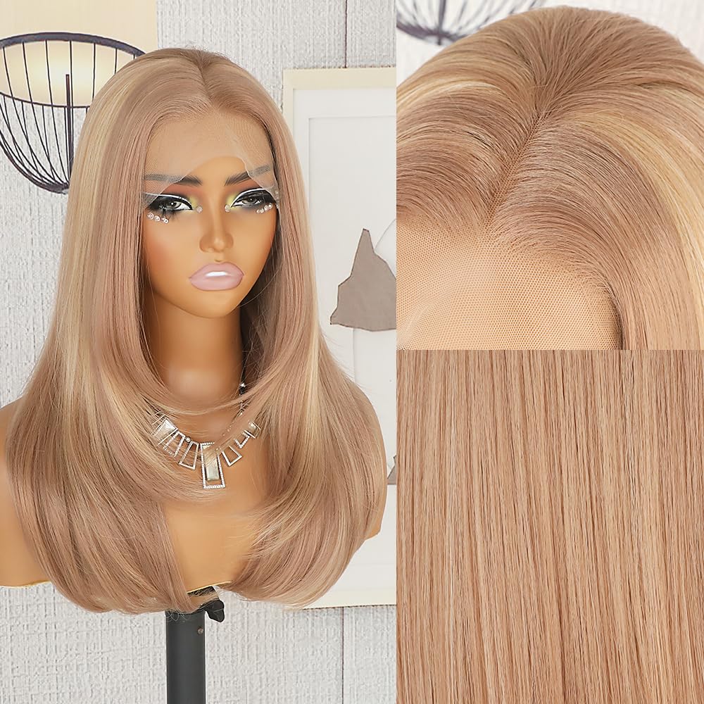 QD-Tizer Honey Blonde Highlights Wigs Layered Wavy Hair Style 13x4 HD GLueless Synthetic Lace Front Wig for Women Heat Resistant Fiber Daily Wear 22 inches