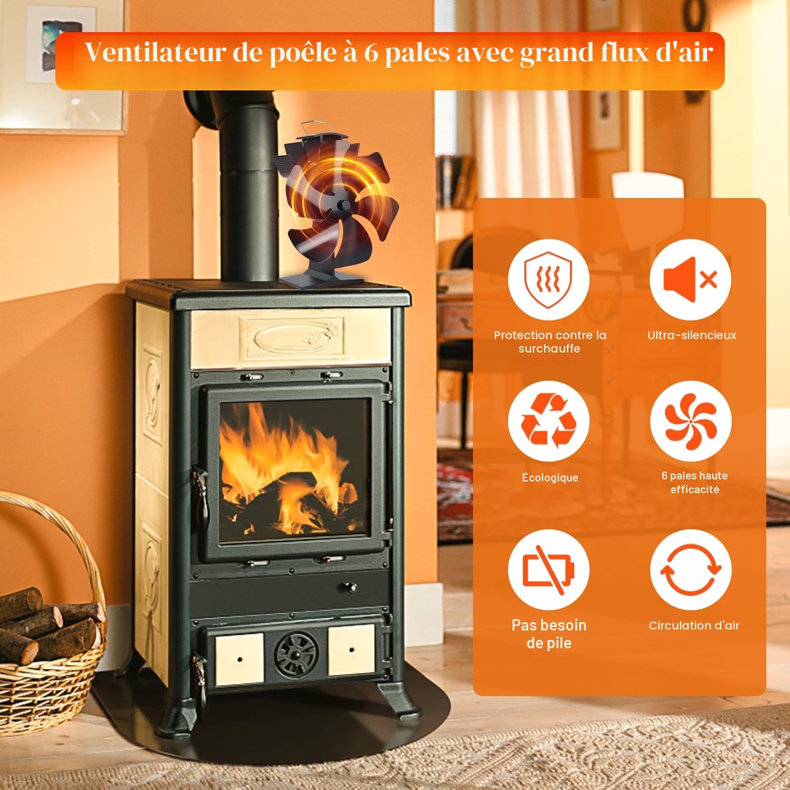 Tomersun Ventilateur de Poêle à Bois Alimenté par la Chaleur - Pour Poêle à Pellets, Cheminée