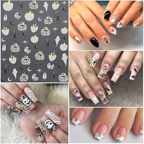 Miniatura 5 de 8 hojas de calcomanías de arte de uñas de Halloween, lindas calcomanías de calabaza fantasma, 3D, autoadhesivas, telaraña, murciélago, fantasmas,