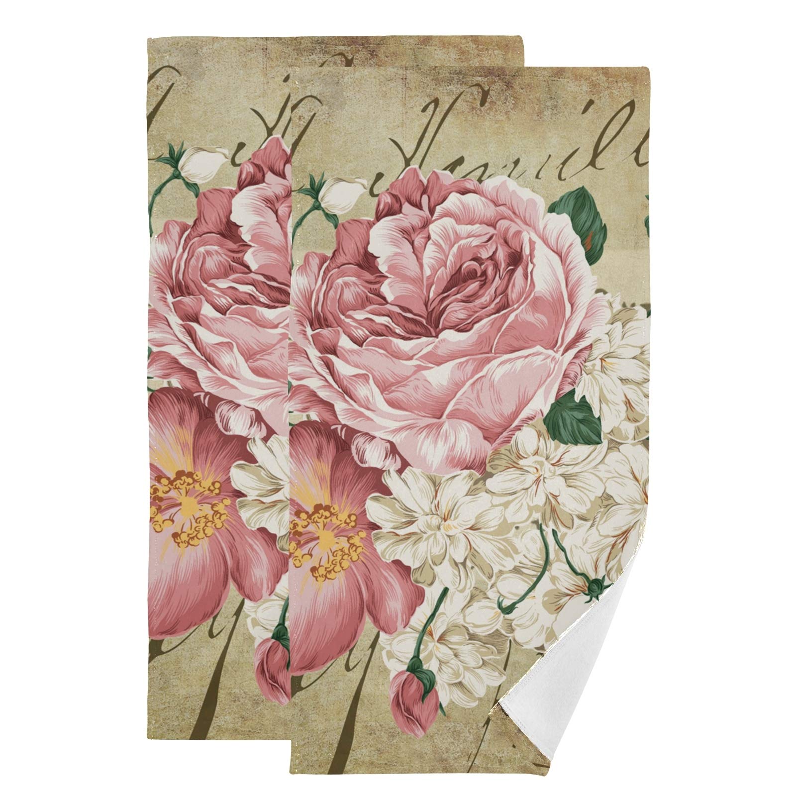 ALAZA Hand Towels 2 Packs, Vintage Shabby Chic Pink Rose Floral Kitchen Dish Bathroom Towels Kitchen Face Wash Cloths, 28 x 14 inch