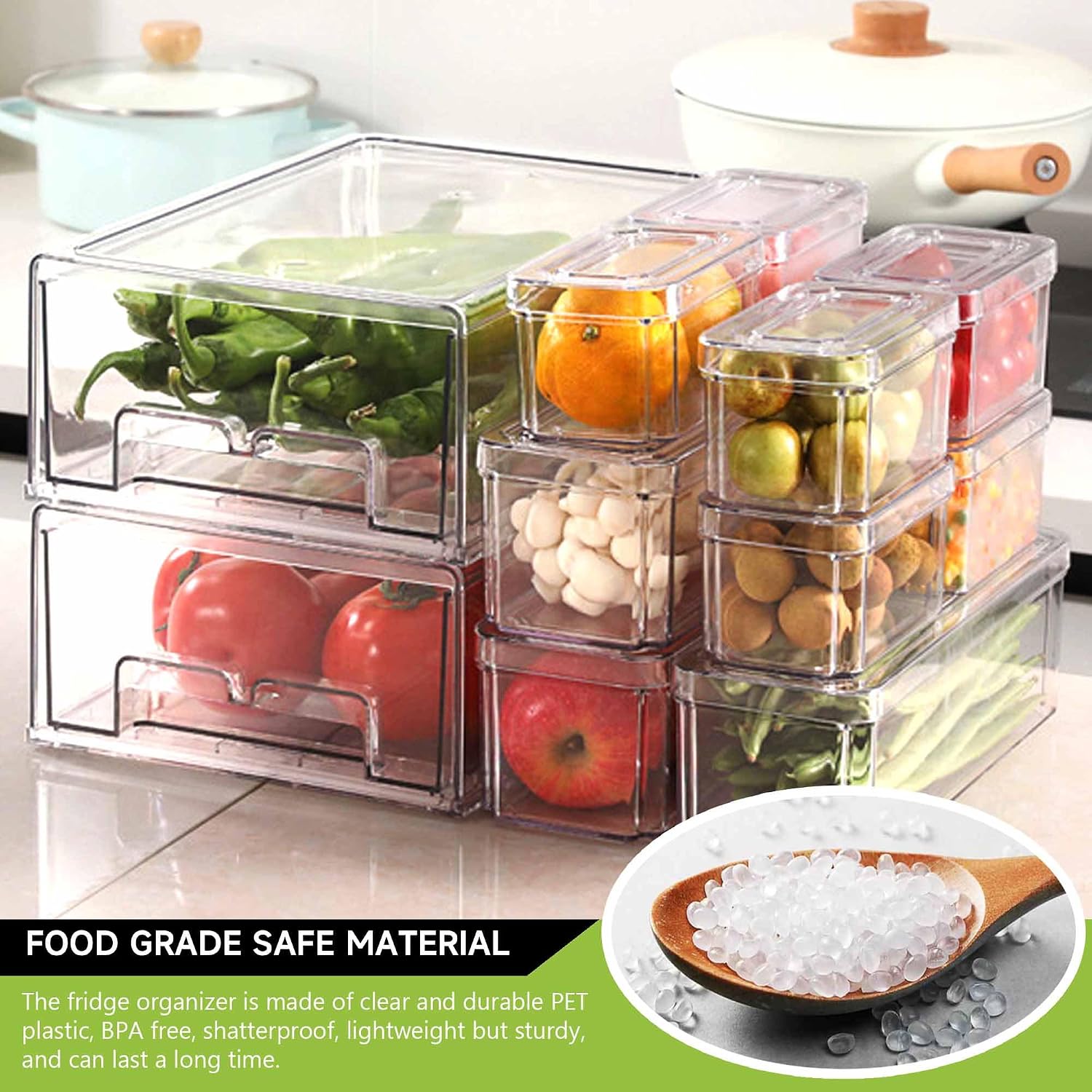 bealy 14 Pack Refrigerator Organizers and Storage with Lids and Fridge Drawer, Clear Fridge Organizer bins, Stackable Fridge Organizers and Storage for Food, Vegetable, Fruit, Produce image 4