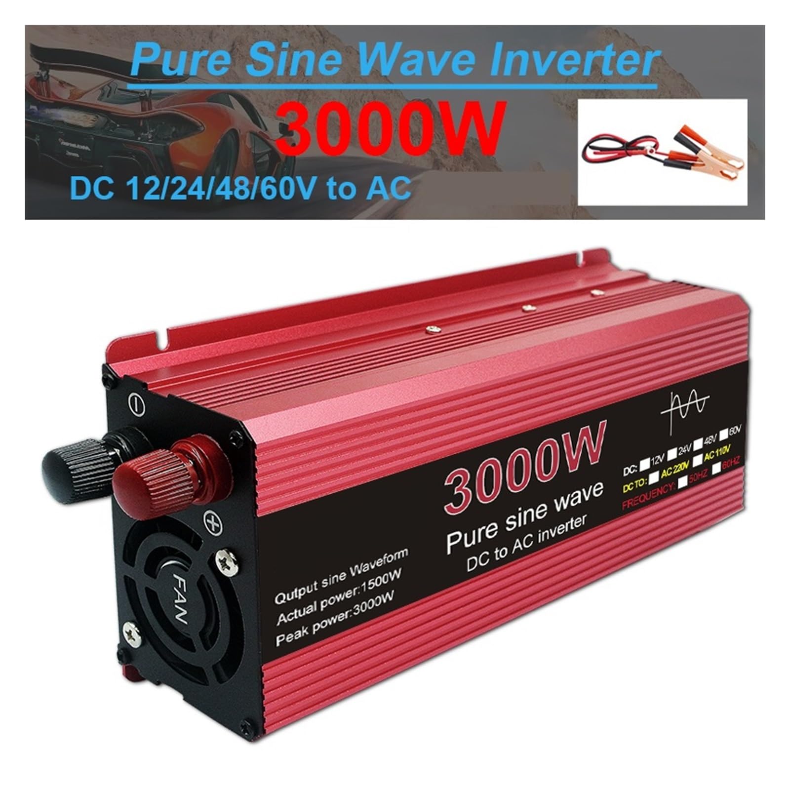Czysta Fala Sinusoidalna Przetwornica 3000W 2200W 1600W 1000W Napięcie DC 12V 24V Do AC Transformator Konwerter Mocy Falownik Słoneczny(3000W,12V)