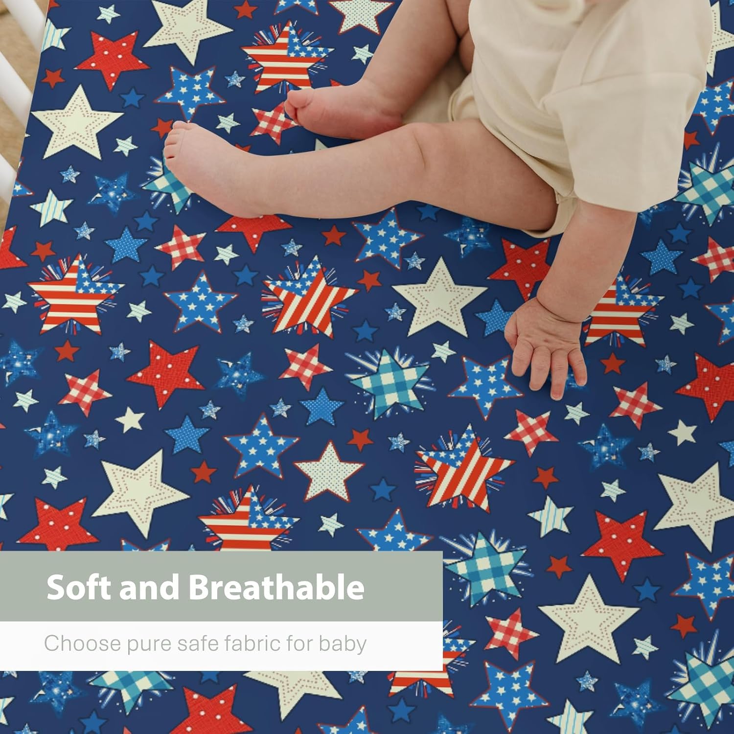 American Flag Stars Baby Crib Sheets for Boy Girl 52x28Inch Patriotic Stars Stripes Soft Snug Fitted Crib Mattress Cover 4th July Independence Day Baby Sheet for Standard Crib & Toddler Mattress Pad