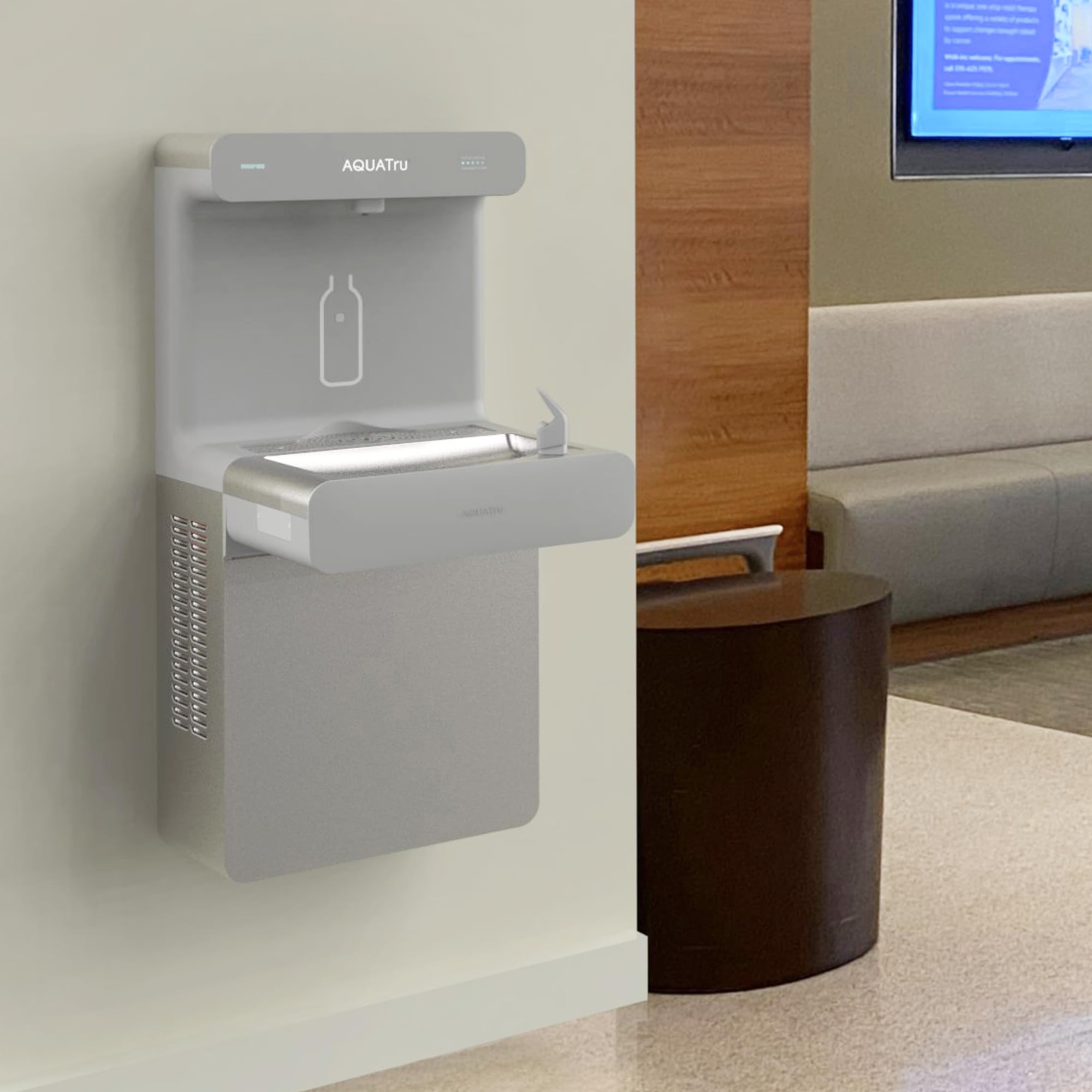 AquaTru Pro On-Wall Commercial Water Station with Bubbler | Wall Mount Bottle Filler & Drinking Fountain | NSF-Certified Filtration | 9.5 GPH Cooling Capacity | Touch-Free Refrigerated Dispenser