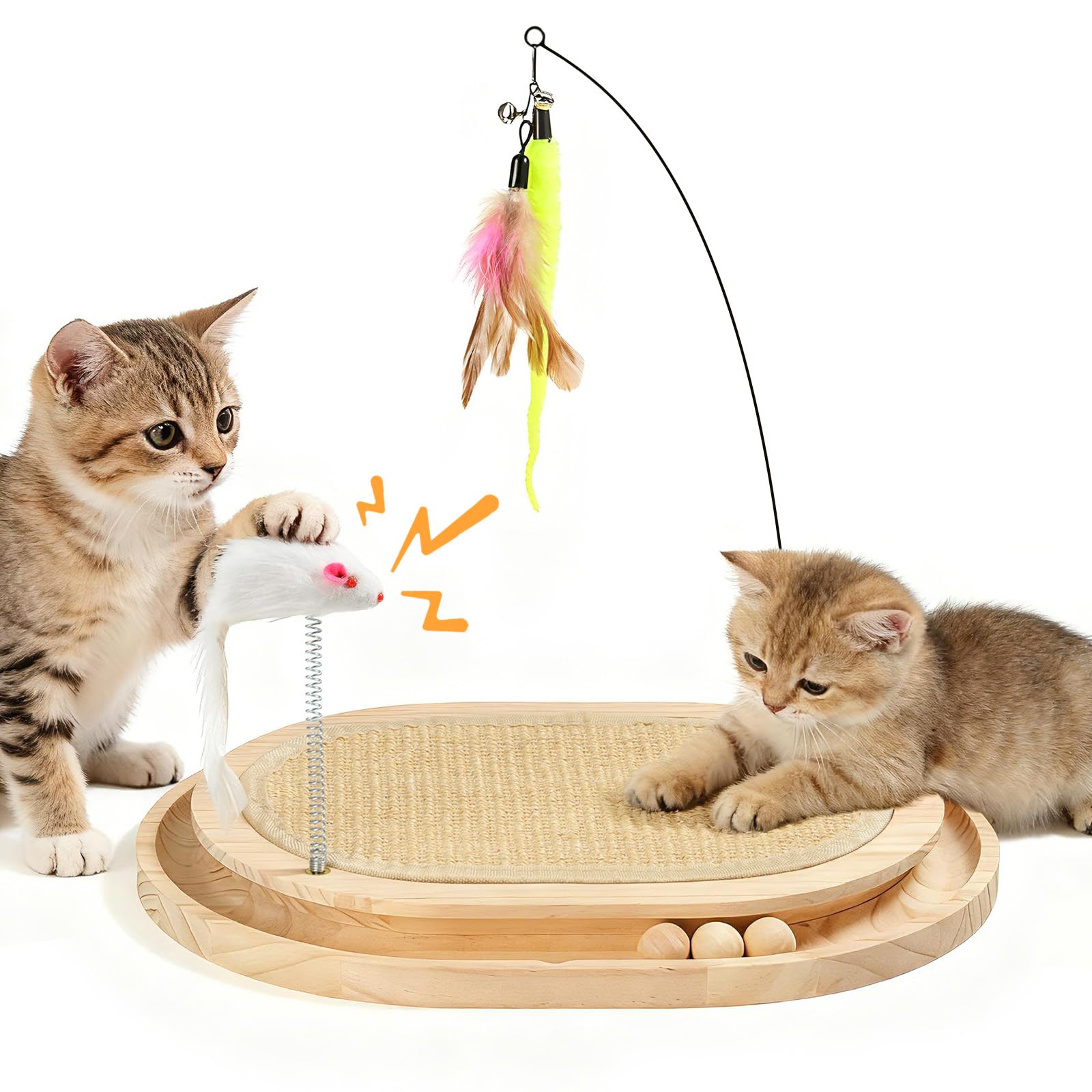 Tiragraffi per Gatti in Sisal Giocattolo Interattivo per Gattini | Tappetino con Pista a Sfere e 3 Giochi in Peluche, Caccia e Allenamento, Tiragraffi Rotondo in Legno da Interno