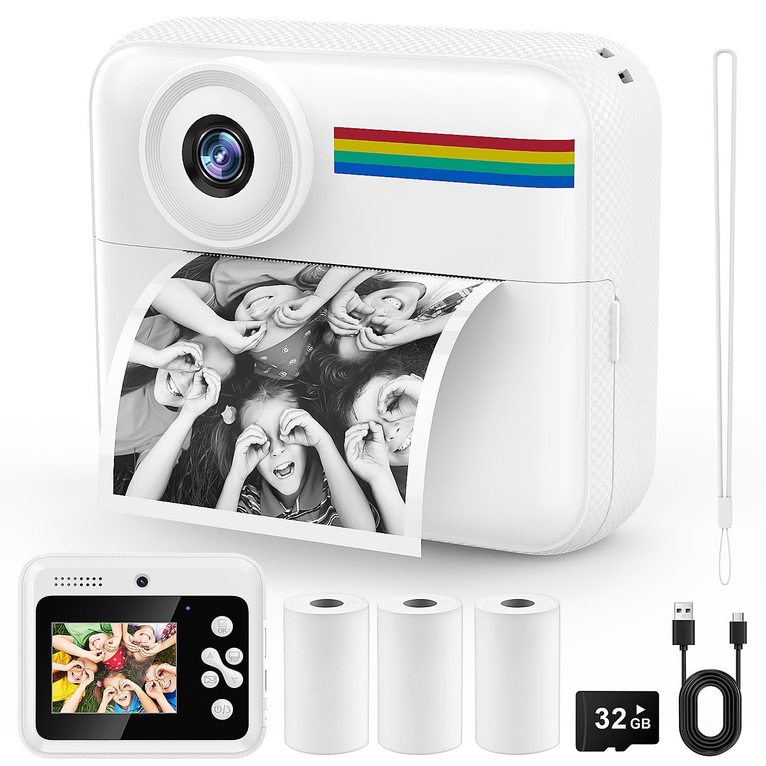 Kinderkamera 48MP mit 2.4 Zoll HD Bildschirm 1080P Video Sofortdruck 32GB Speicherkarte