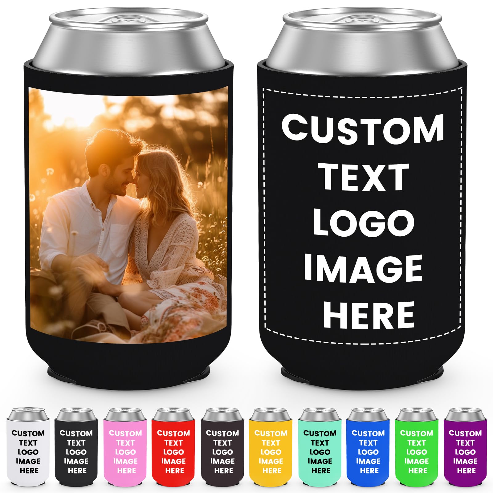 Custom Can Cooler Sleeves Bulk Personalized Foldable Insulated Beverage Bottle Holder with Logo Image Text for Wedding Graduation Birthday Party, 1-