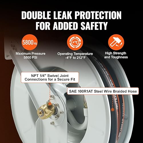 Miniatura 3 de VEVOR Carrete de manguera de combustible, 14 pulgadas x 50 pies, carrete de manguera retráctil extra largo, rebobinado giratorio automático