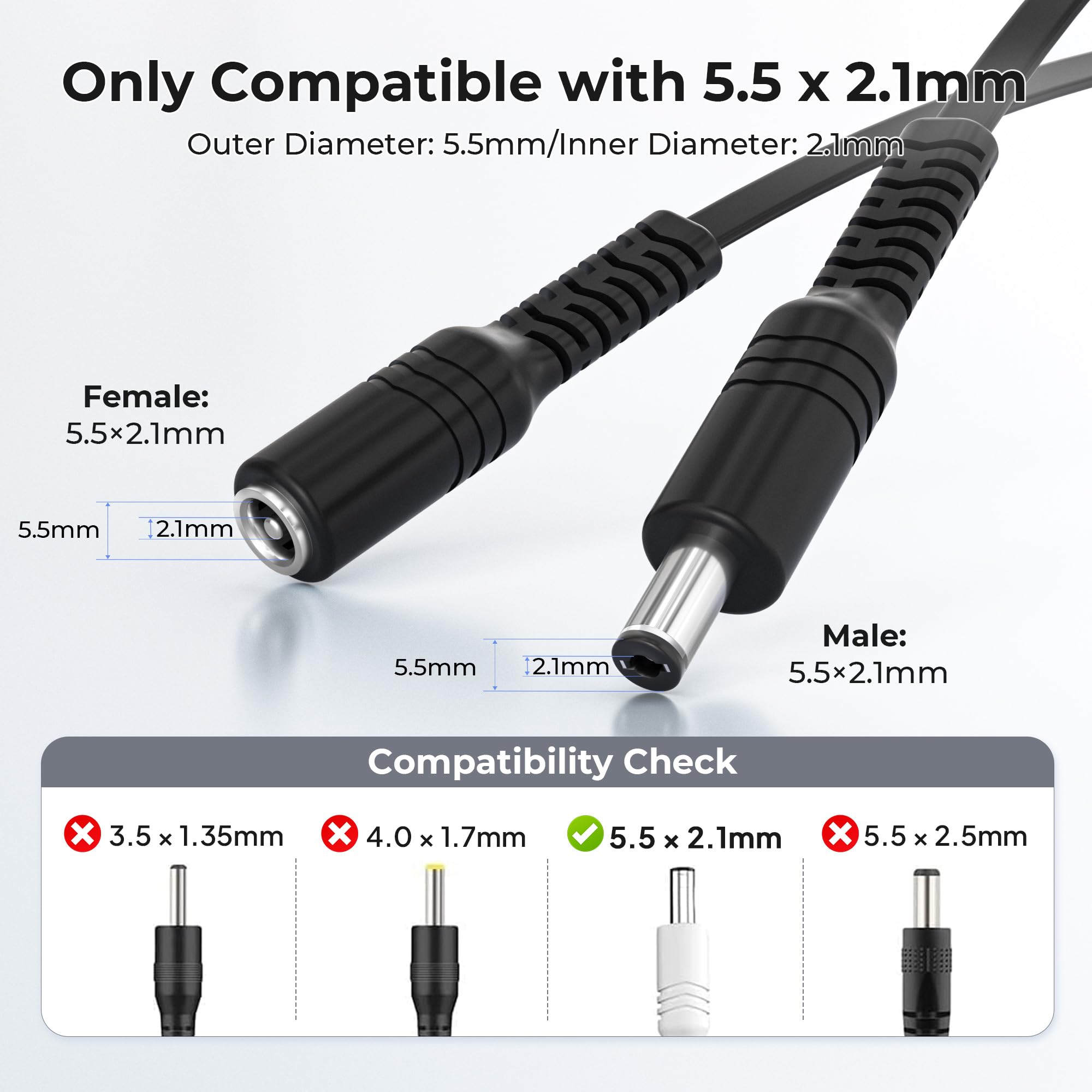 Basesailor Cavo Prolunga 12V DC 3M 2 Pezzi,Cable Filo Prolunga Piatto Lungo Adattatore Alimentazione DC 5,5mm x 2,1mm 5521,5V 9 Volt,Cavo Femmina a Maschio per Telecamera Sicurezza CCTV IP,DVR,LED