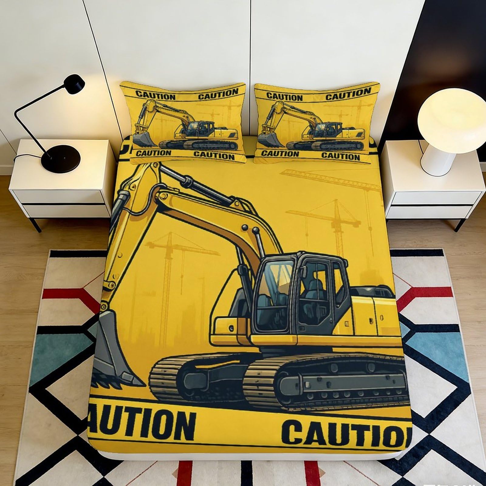 3D Printed Construction Excavator Fitted Sheet Microfiber Caution Tape Bed Cover Bedroom Dorm Mattress Protection Decor Yellow 200x200x25cm