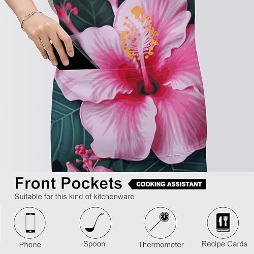 Miniatura 5 de MUSM Hawaii Pink Flower ApronClassic Vintage Funny with Pockets Aprons,Adjustable Bib Waterdrop Resistant for Kitchen Cooking Restaurant BBQ Painting