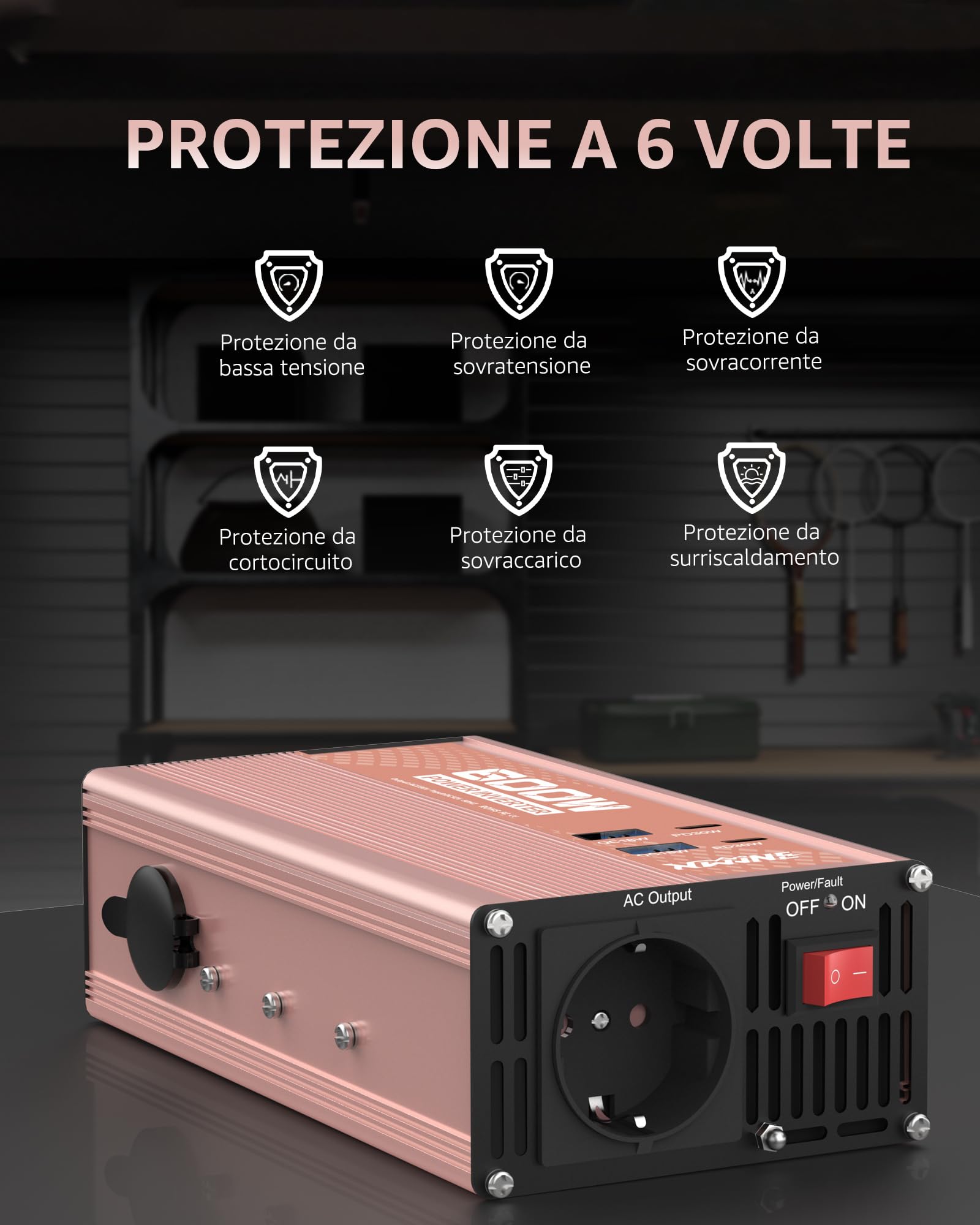 XWJNE 600W Inverter 12V 220V, Invertitore di Tensione con 1 Presa AC EU, 2 USB-A, 2 USB-C, Convertitore Onda Modificata Include Cavo Accendisigari e Pinze a Coccodrillo, per Auto, Camper, Viaggi